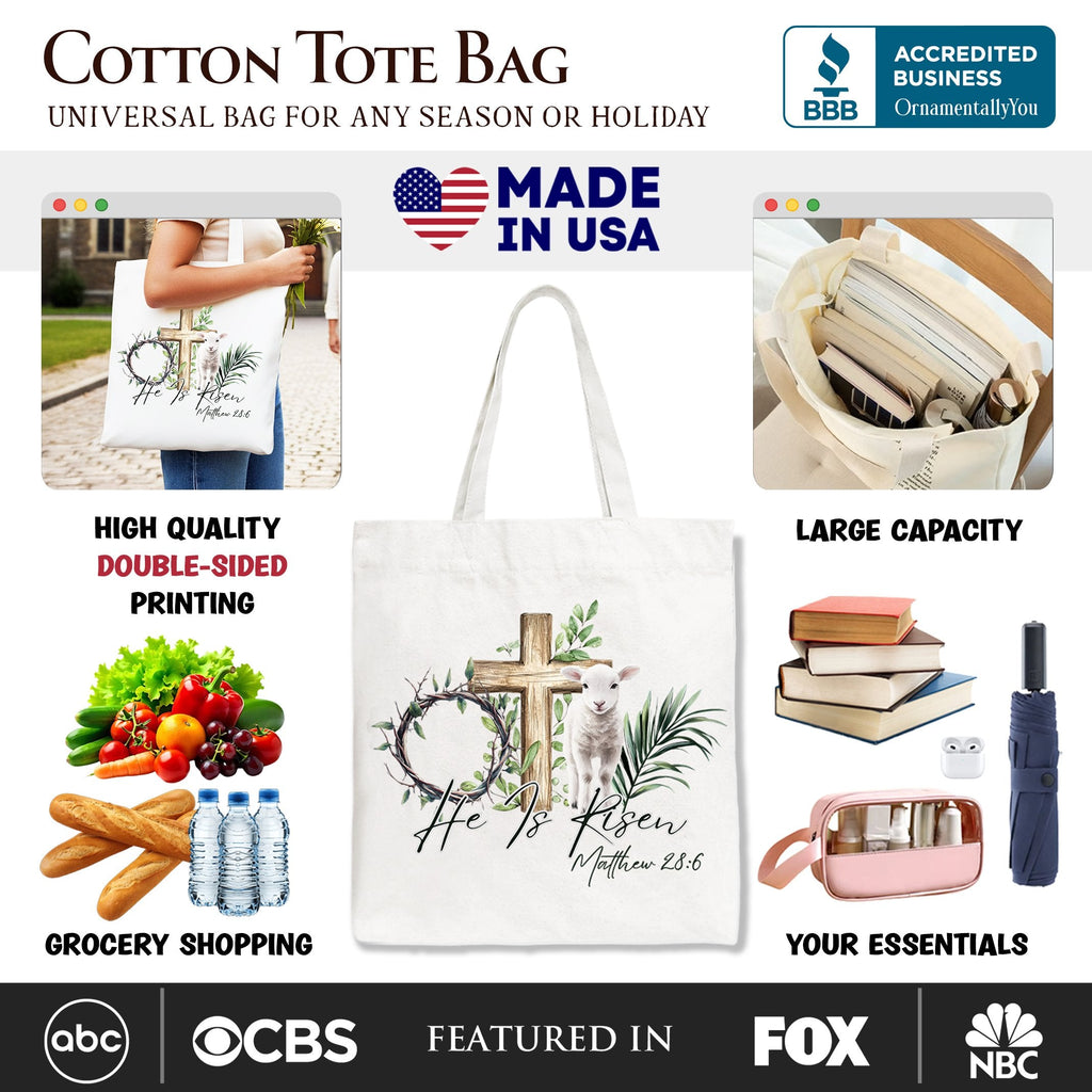 He Is Risen Lamb Cross Easter Tote Bag, Christian Gift Shopper