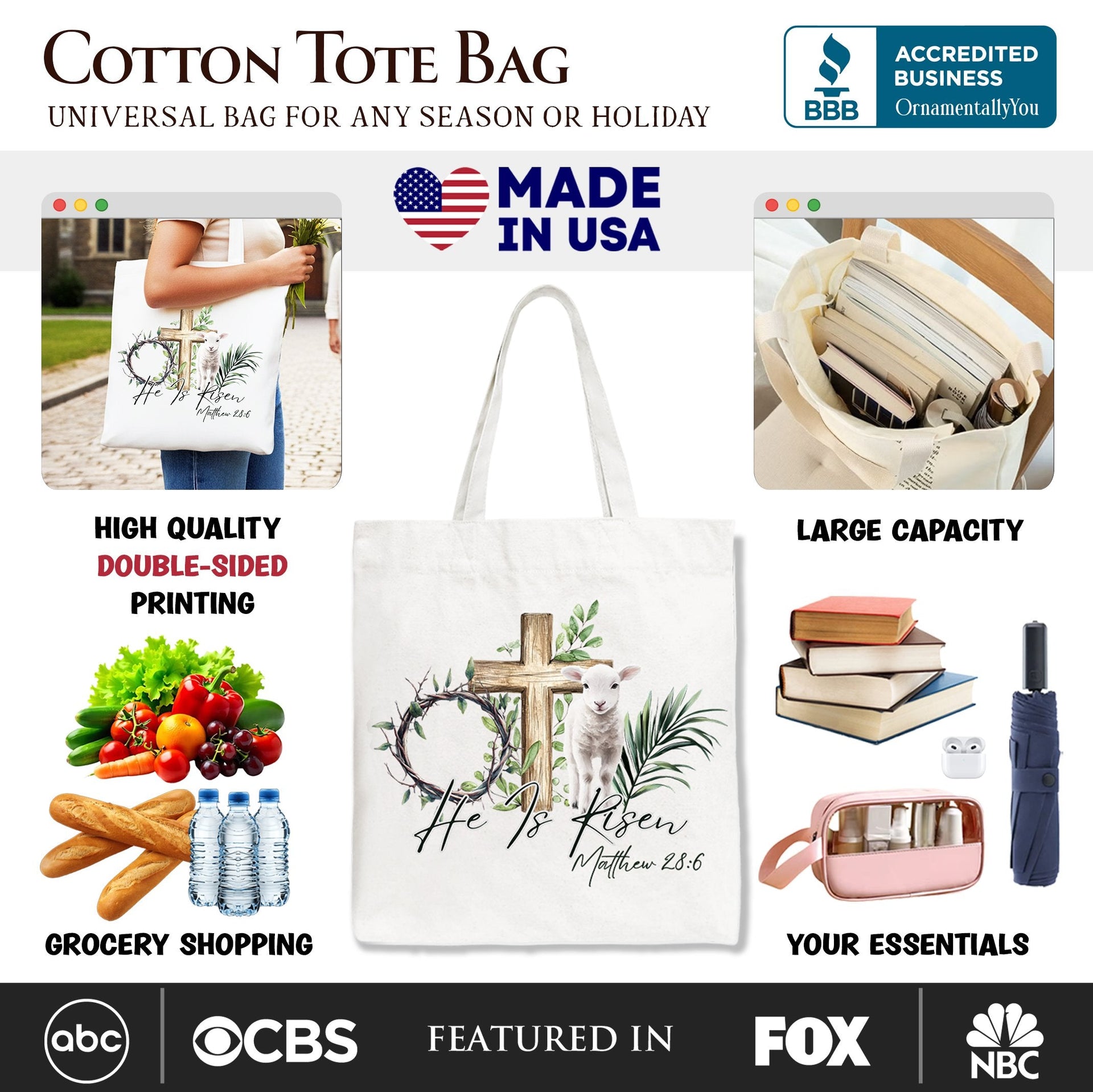 He Is Risen Lamb Cross Easter Tote Bag, Christian Gift Shopper