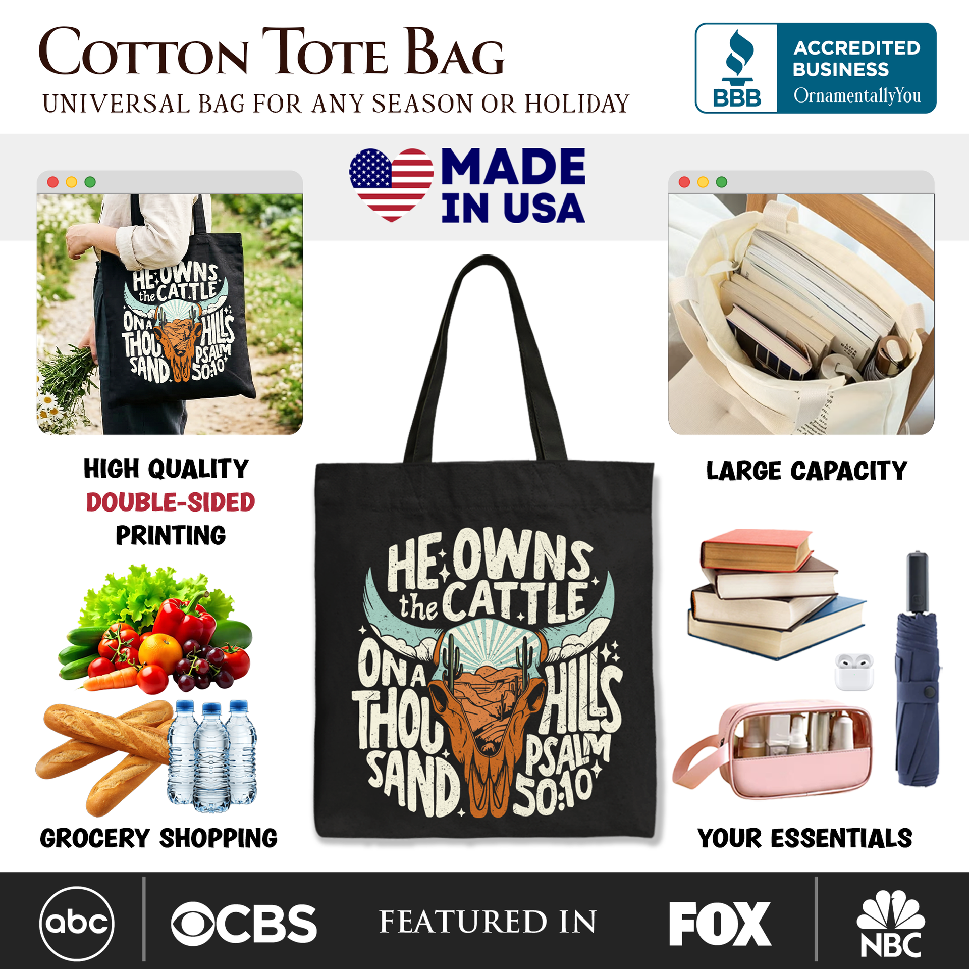 Cattle On a Thousand Hills Tote Bag - Christian Western Gift