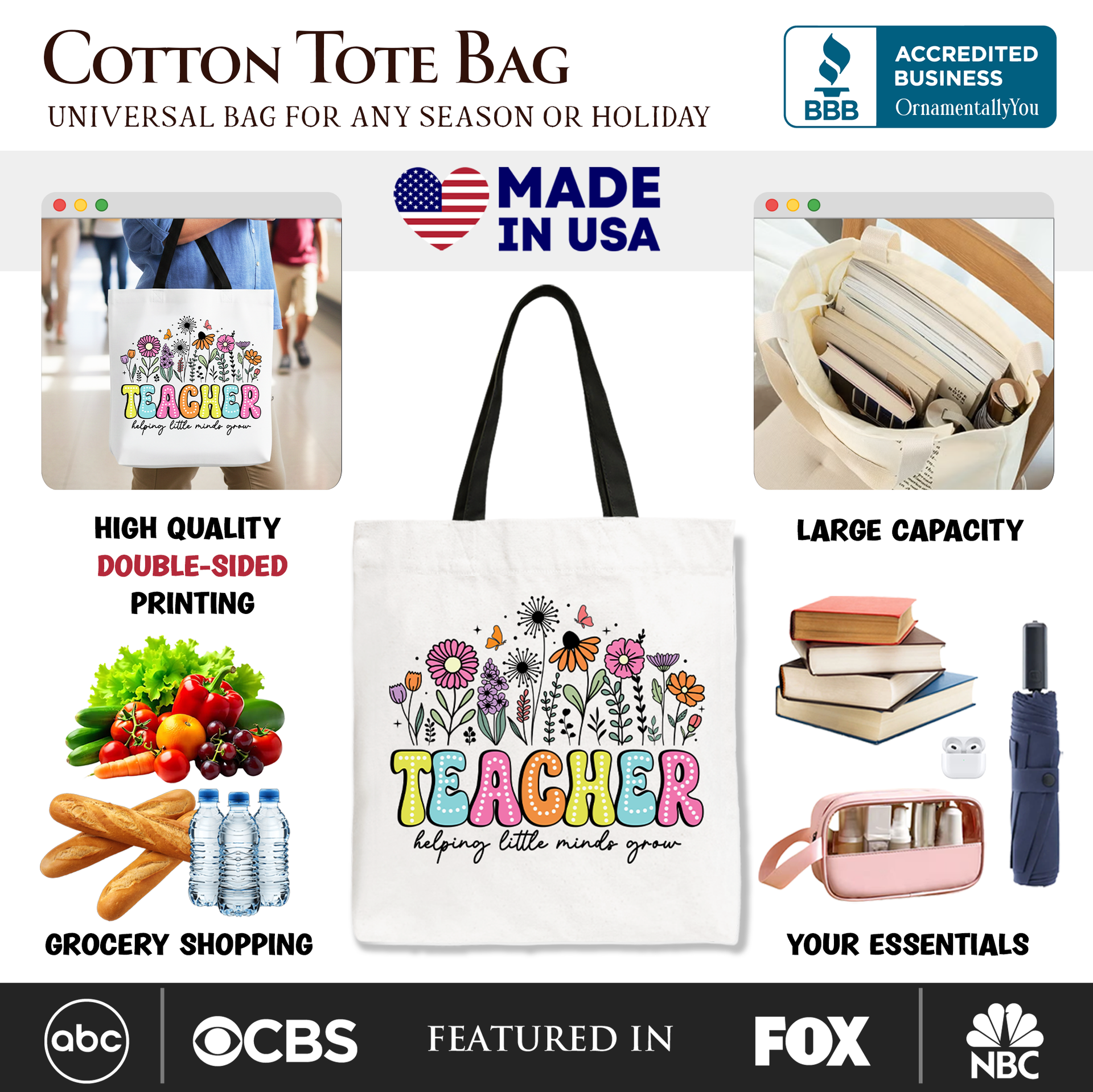 Helping Little Minds Grow Floral Teacher Cotton Tote Bag