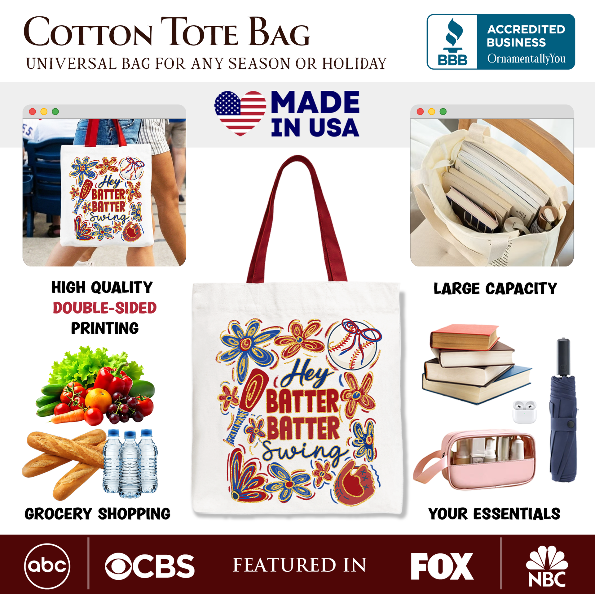 Hey Batter Baseball Tote Bag Retro White Natural Gift Shopper