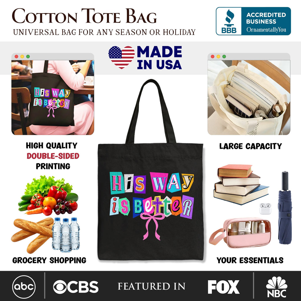 His Way Is Better Canvas Tote Bag, Retro Preppy Coquette Faith