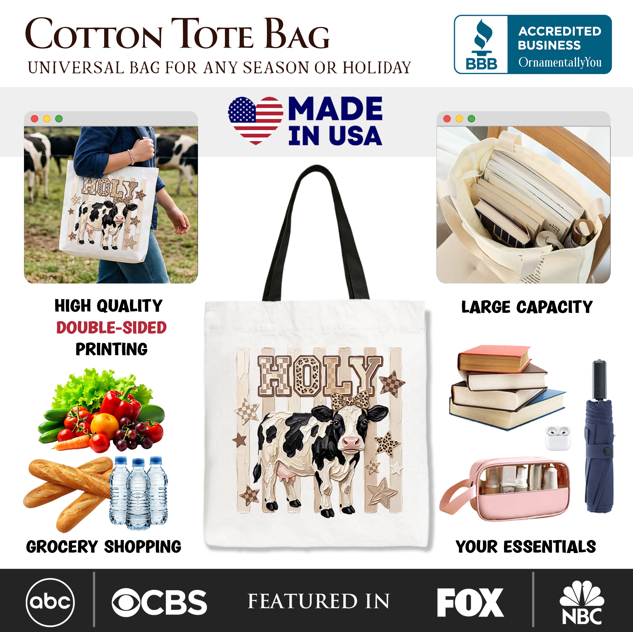 Holy Cow Coquette Tote Bag, Leopard Bow Farm Animal Gift Shopper