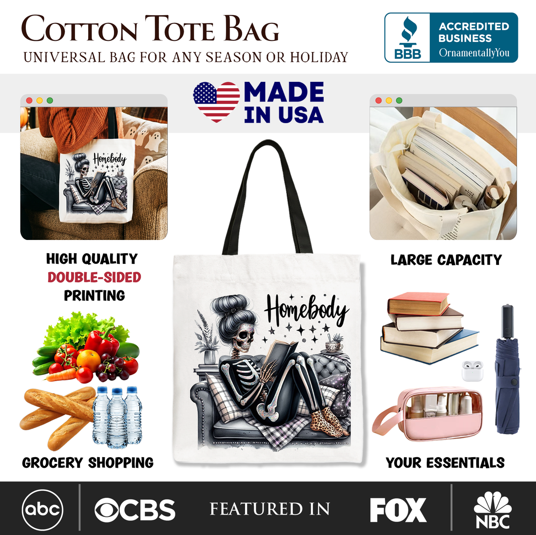 Homebody Reading Skeleton Tote Bag Funny Introvert Gift Shopper