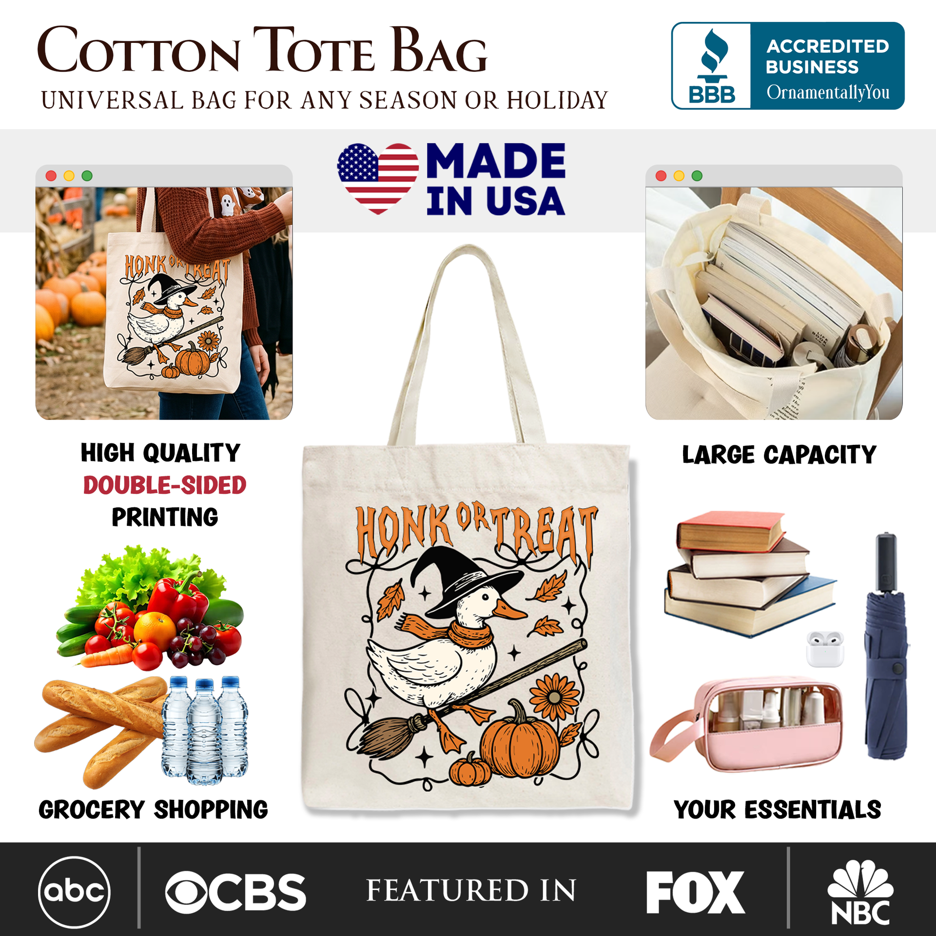 Honk or Treat Goose Tote Bag, Funny Halloween Bird Lover Shopper