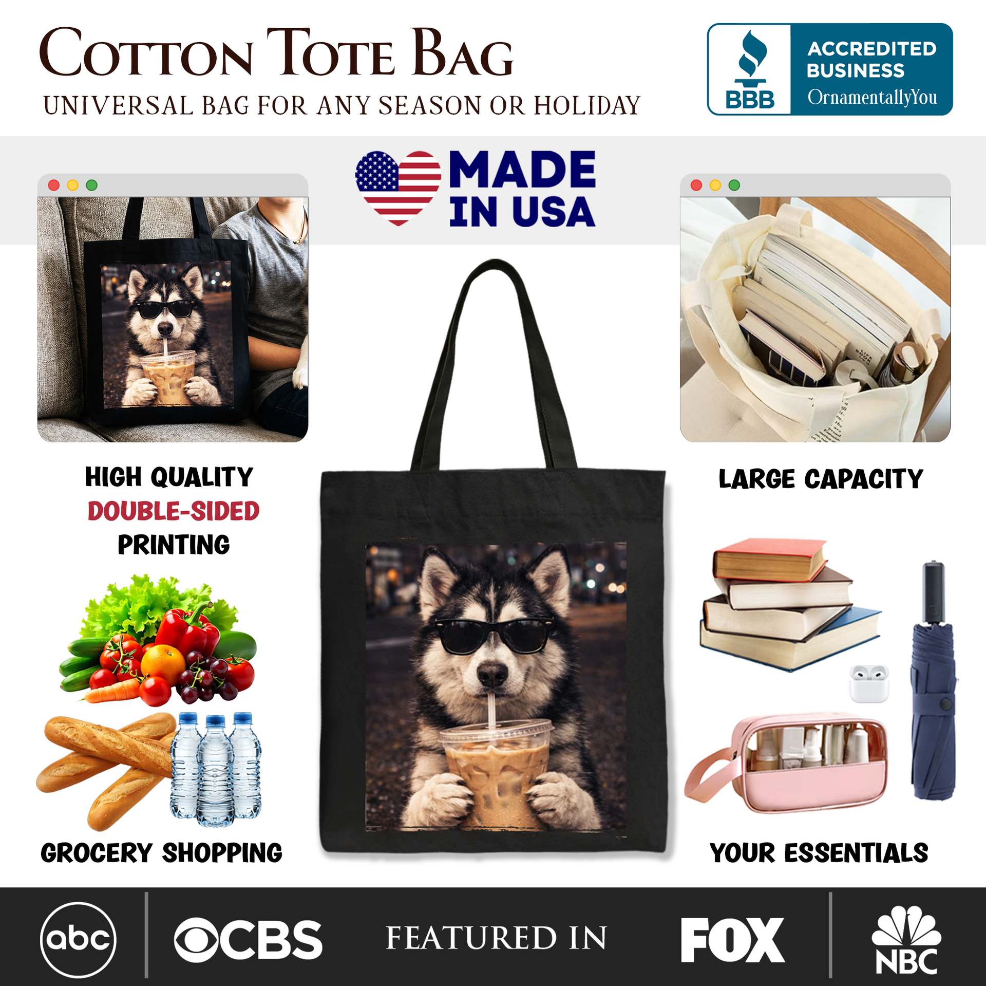 Husky Iced Coffee Graphic Tote Bag, Funny Dog Parents Gift