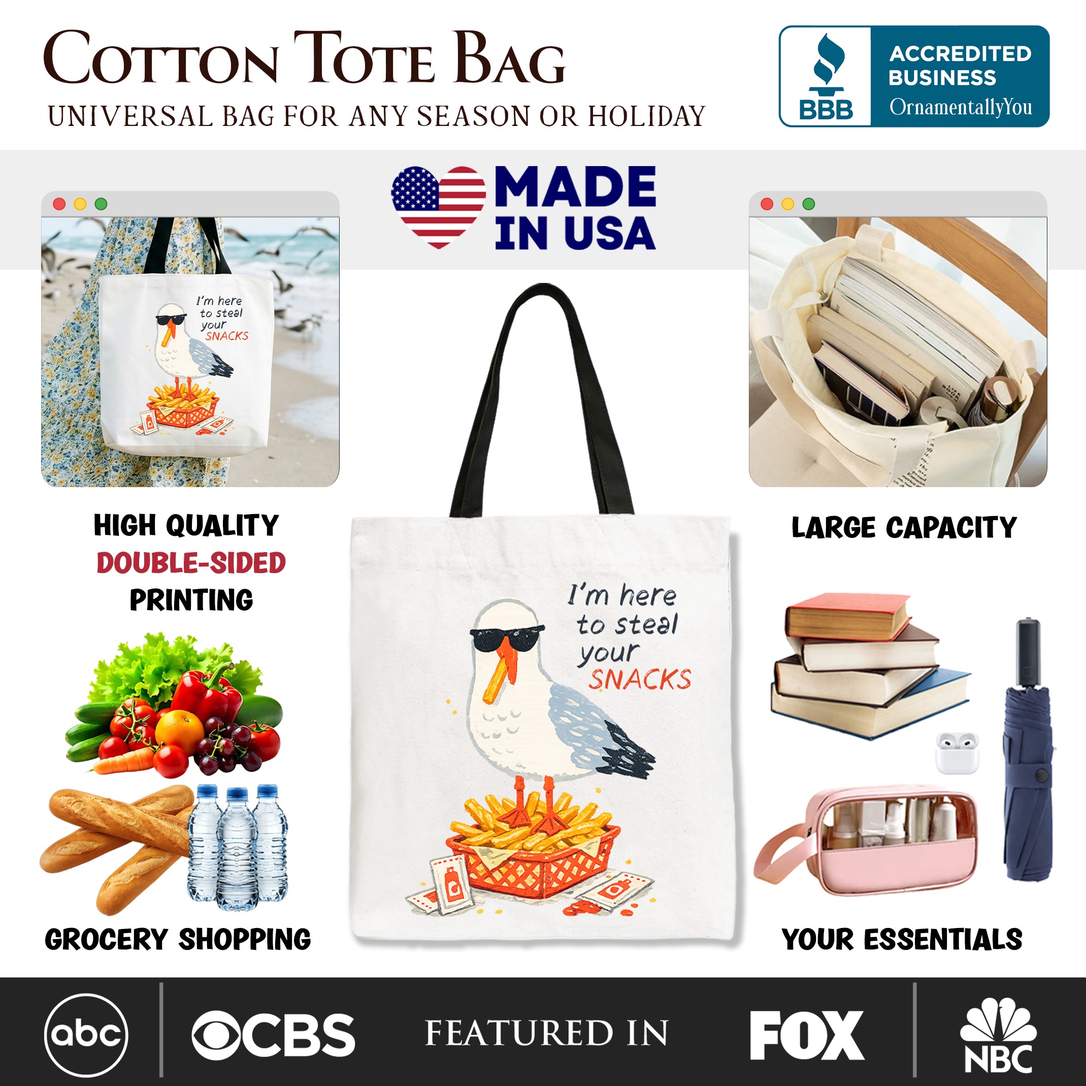 Funny Seagull Snack Tote Bag – Casual Beach Shopper for Summer