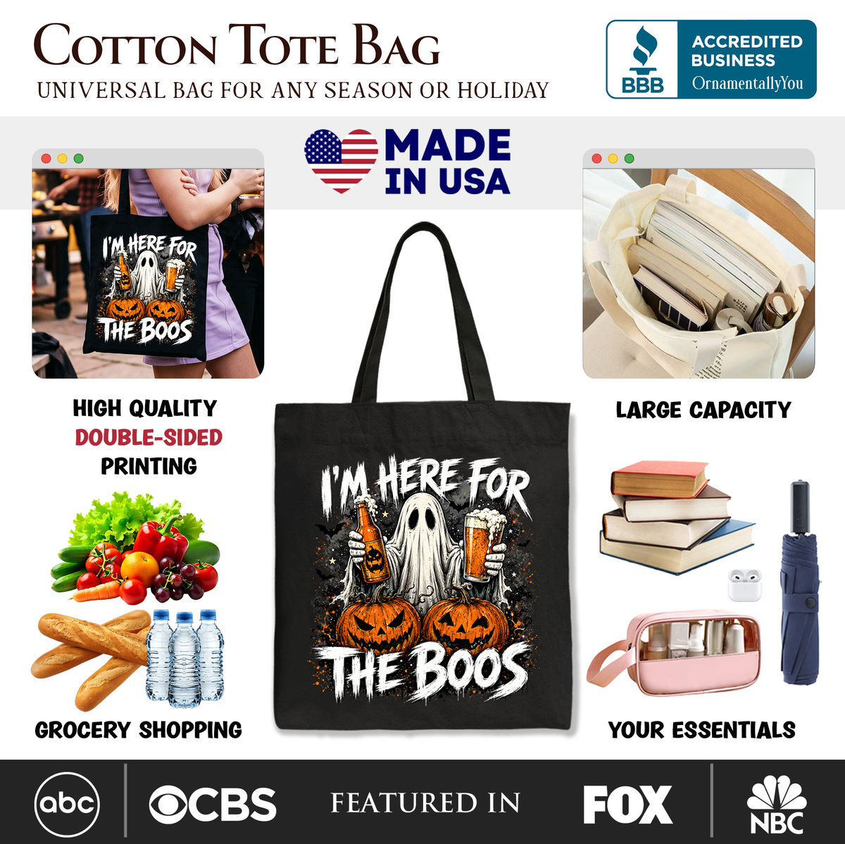 I’m Here for the Boos Ghost Tote Bag, Funny Halloween Beer Pumpkin Gift Shopper