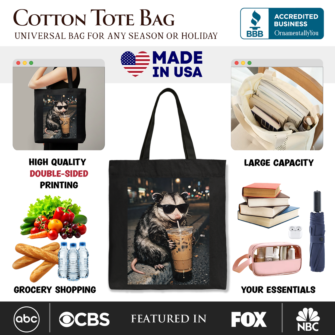 Iced Coffee Opossum Tote Bag Funny Animal Meme Gift Shopper