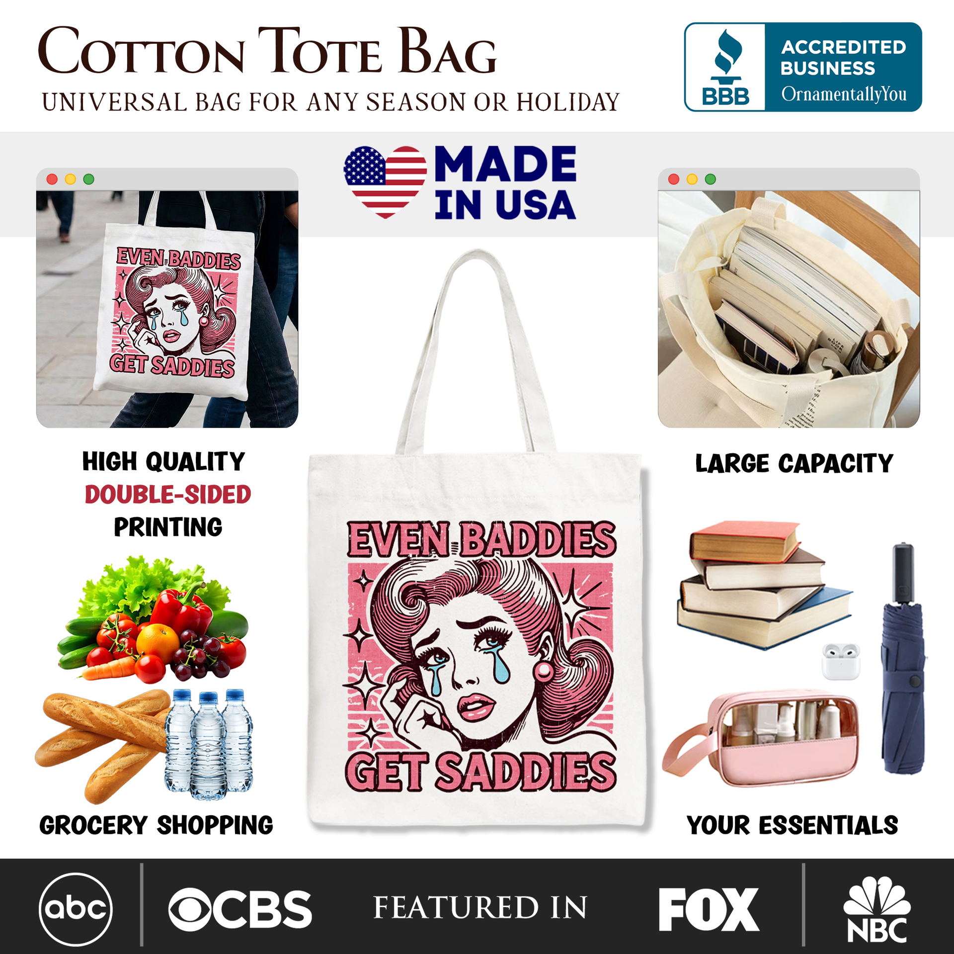 Even Baddies Get Saddies Retro Pop Art Cotton Tote Bag