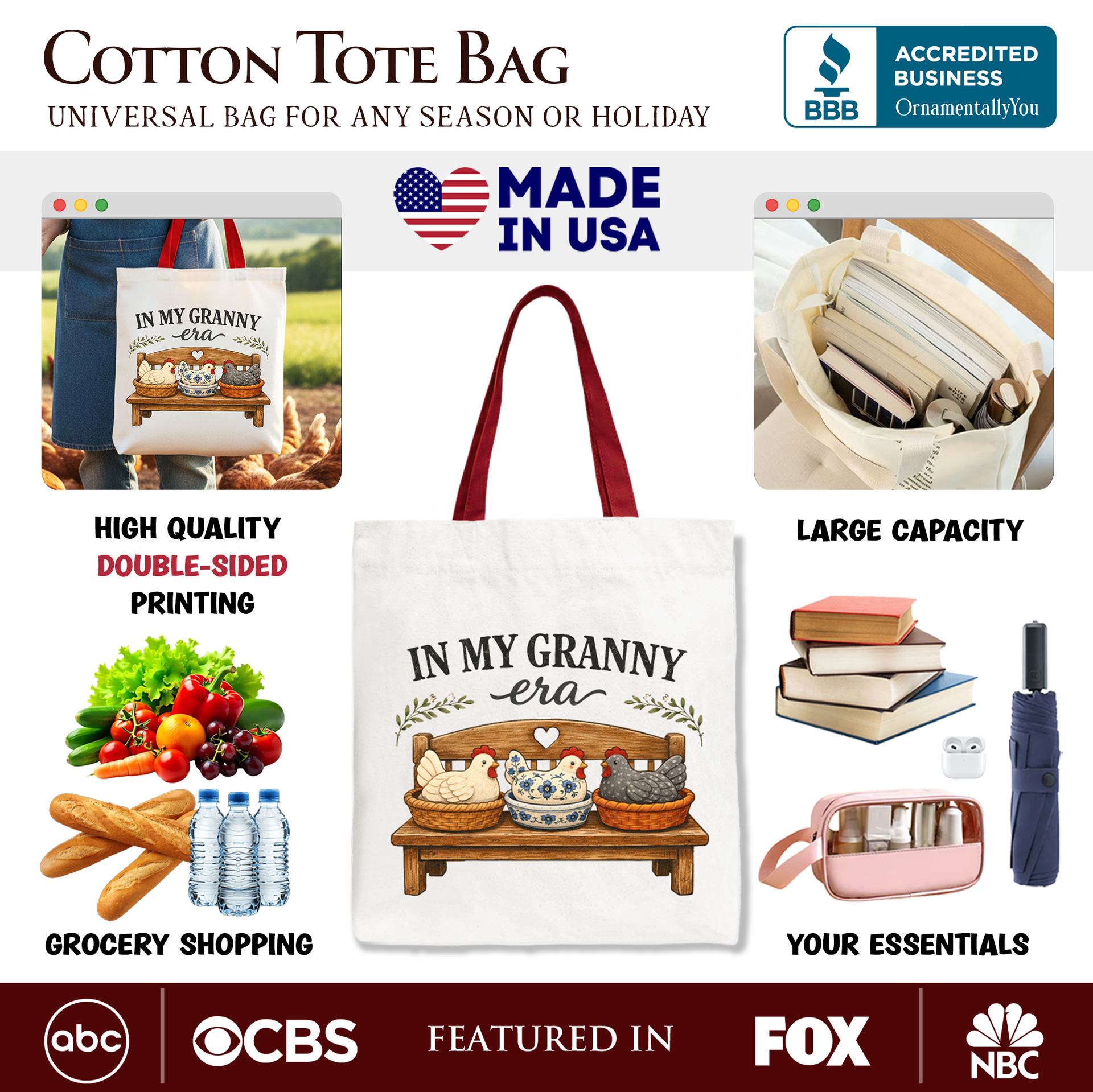 In My Granny Era Chicken Vintage Tote Bag – Farmhouse Cotton Shopper