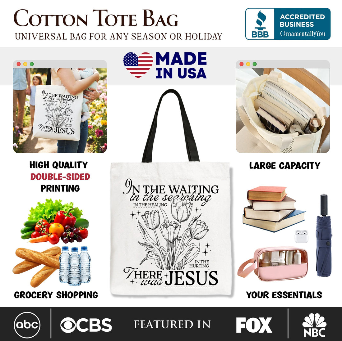 In the Waiting There Was Jesus Floral Cotton Tote Bag Inspirational