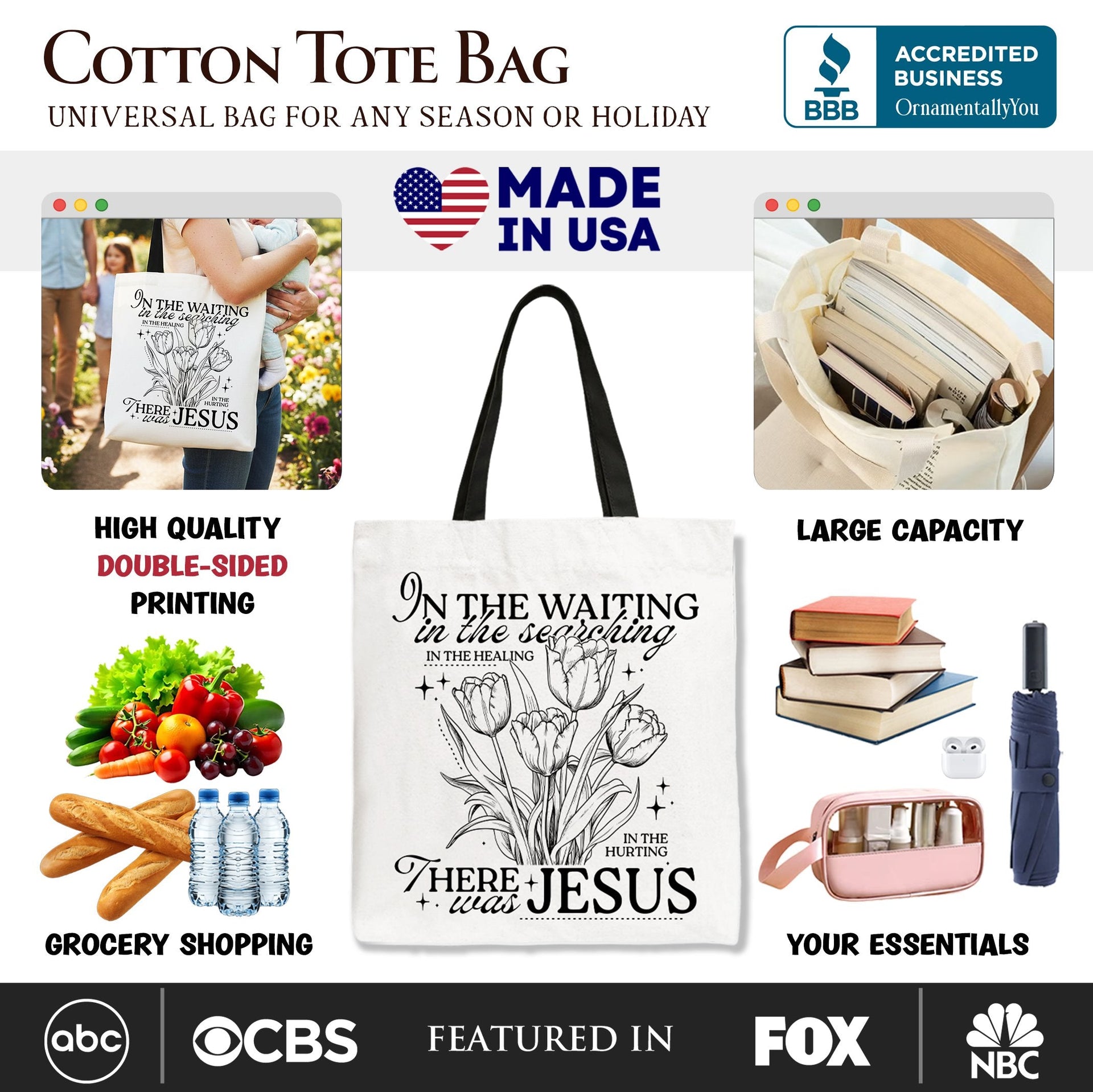 In the Waiting There Was Jesus Floral Cotton Tote Bag Inspirational