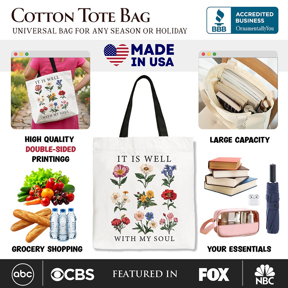 It Is Well With My Soul Floral Canvas Tote Bag, Minimalist Gift