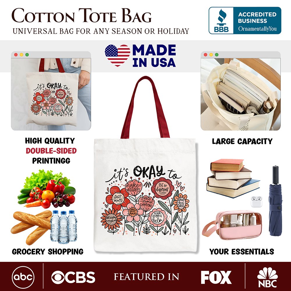 It's Okay Floral Affirmation Canvas Tote Bag Boho Gift
