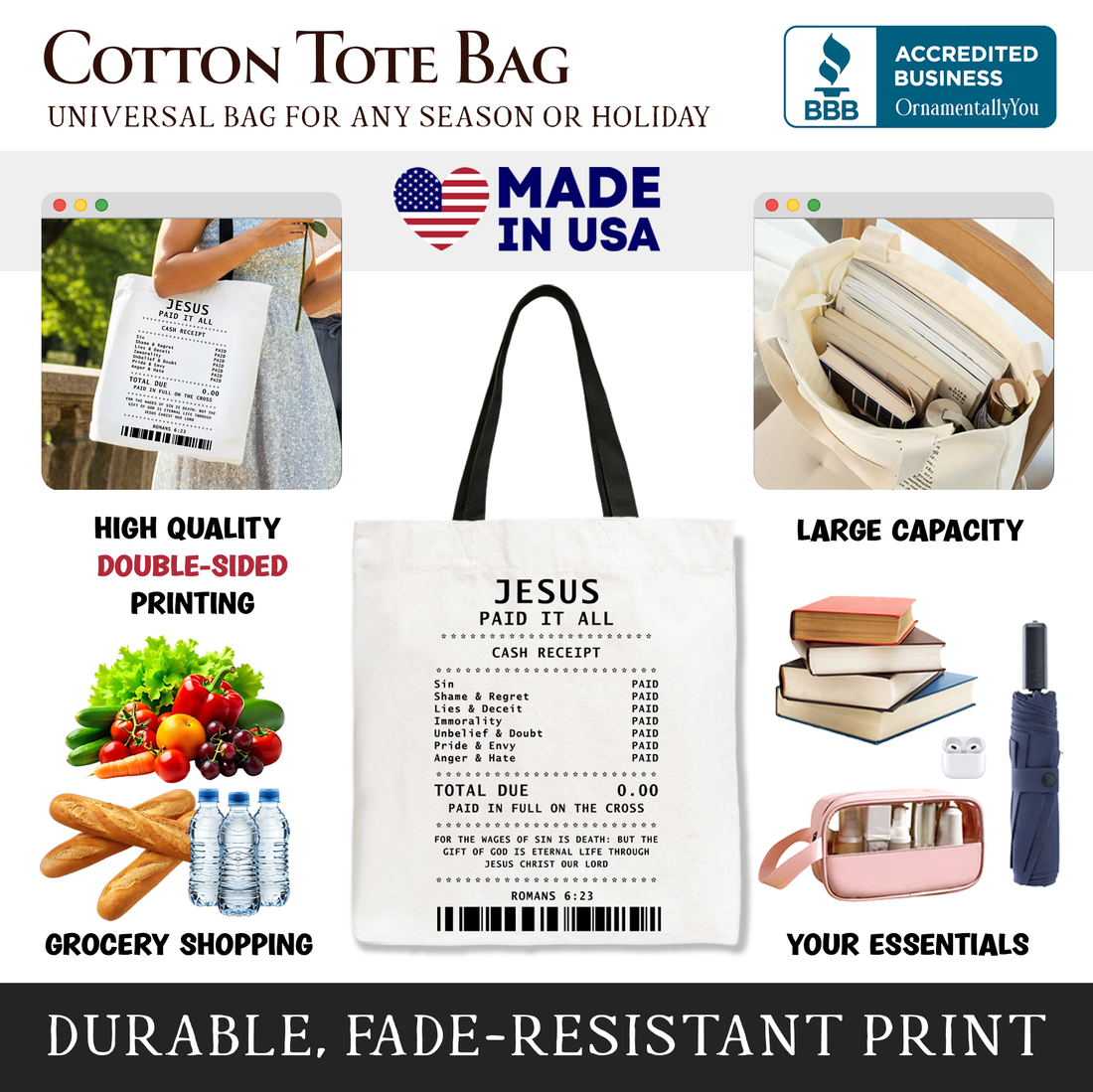 Jesus Paid It All Cash Receipt Tote Bag, Minimalist Faith Gift