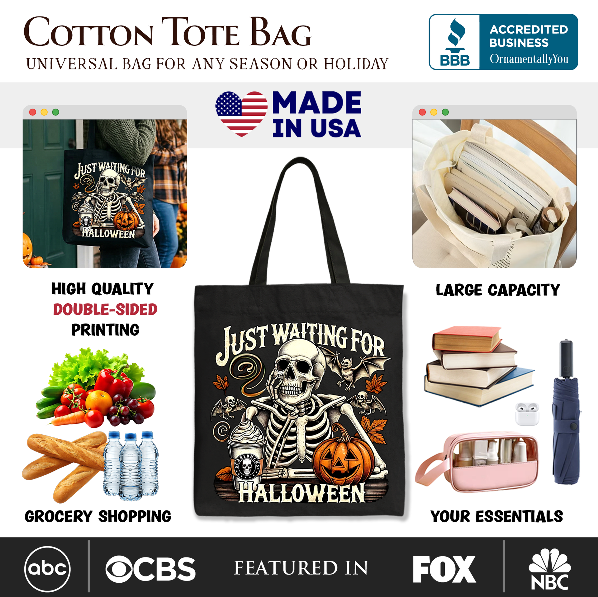 Just Waiting for Halloween Spooky Skeleton Graphic Canvas Tote Bag