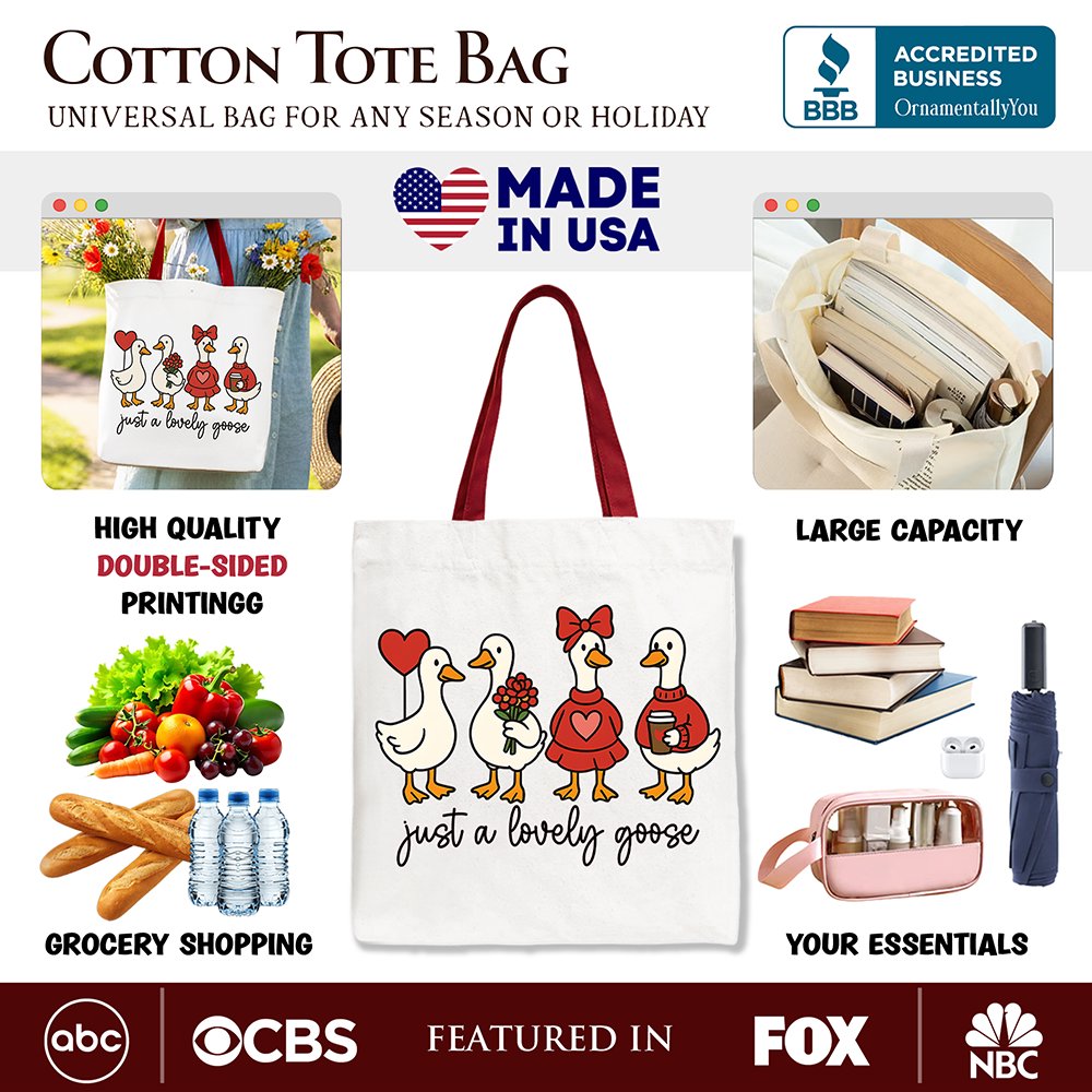 Just a Lovely Goose Valentine Canvas Tote Bag, Coquette Cute Love Printed Gift Bag