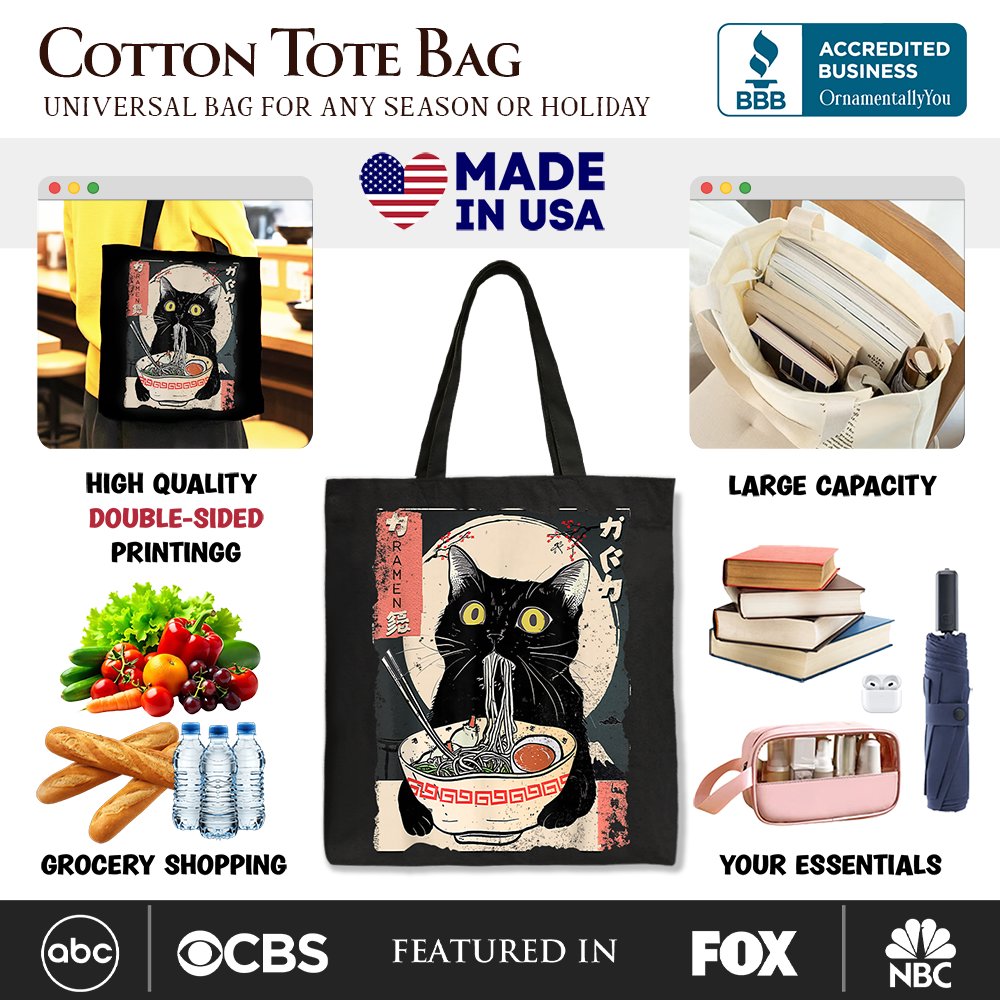 Kawaii Anime Cat Ramen Canvas Tote Bag Japanese Style Shopper