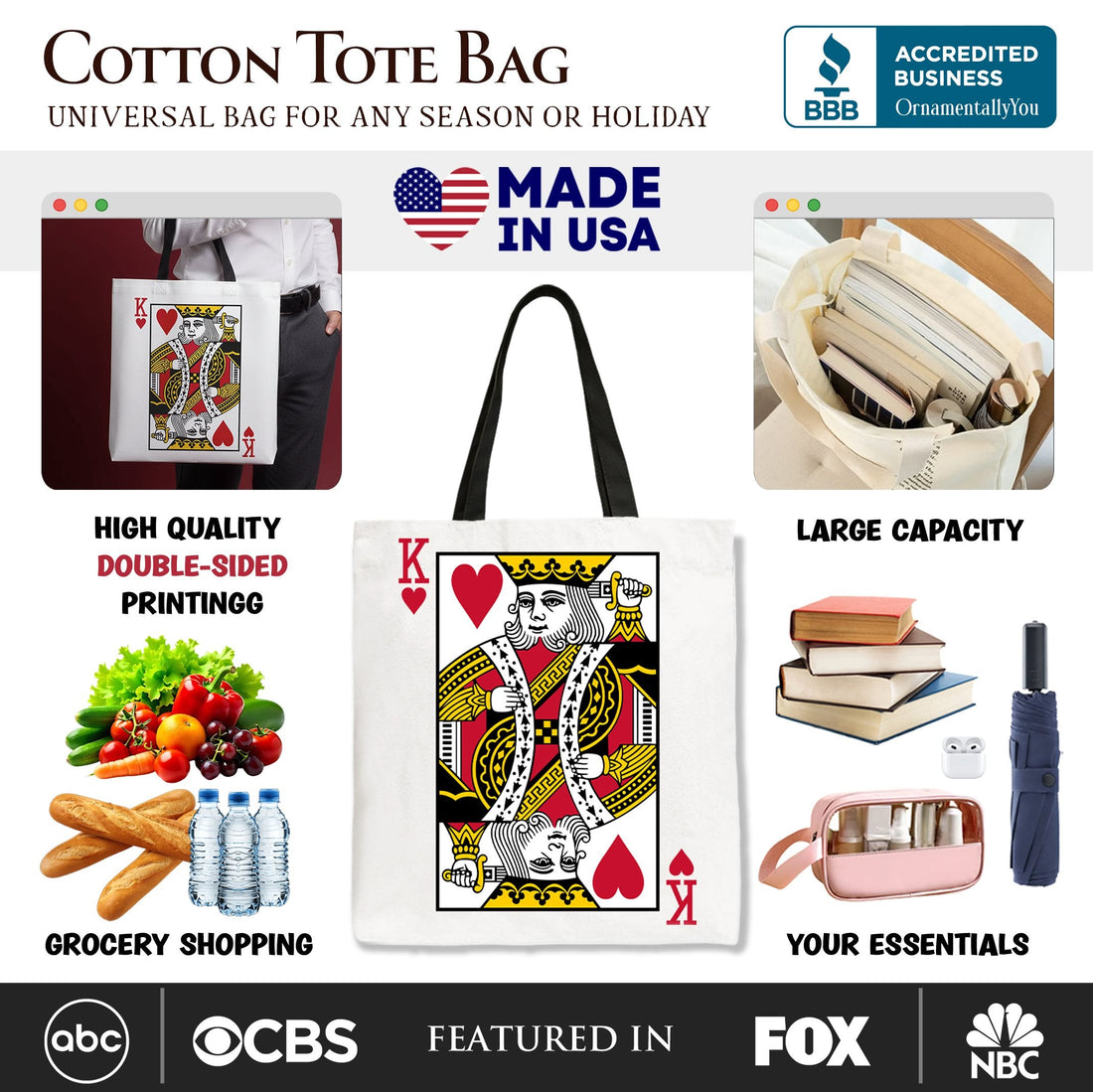 King of Hearts Canvas Tote Bag, Abstract Retro Valentine Shopper