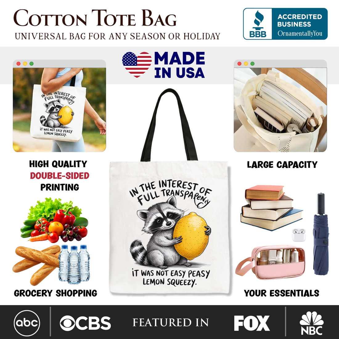 Funny Raccoon Lemon Squeezy Tote Bag, Sarcastic Cotton Shopper