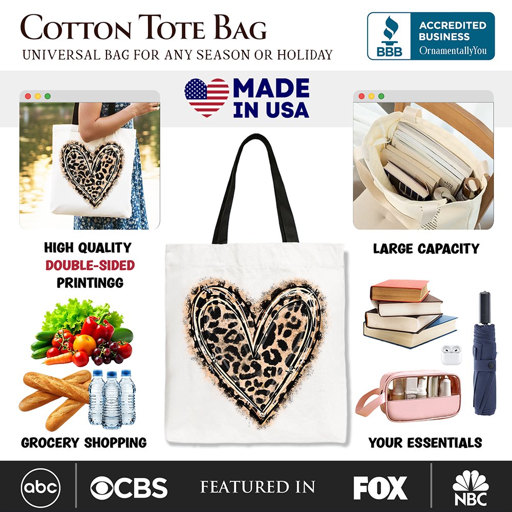 Leopard Heart Valentine Canvas Tote Bag, Leopard Print Shopper