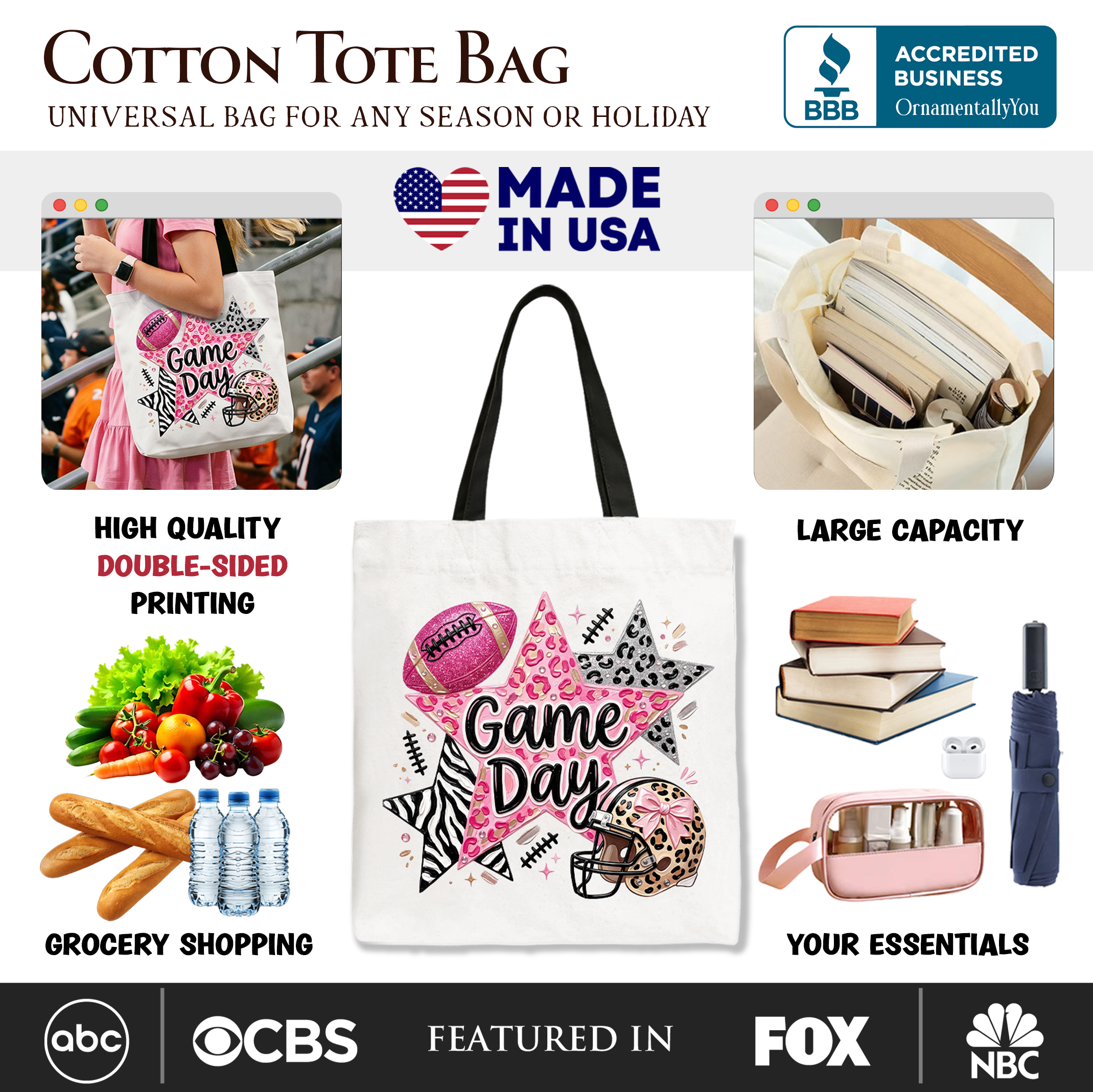 Leopard Pink Stars Football Tote Bag, Coquette Game Day Gift Shopper