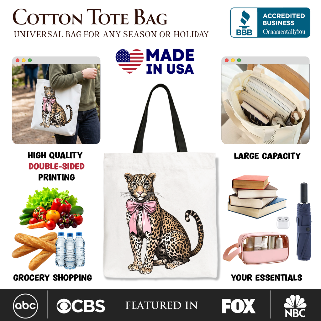 Leopard Print Coquette Bow Canvas Tote Bag for Women Preppy Shopper