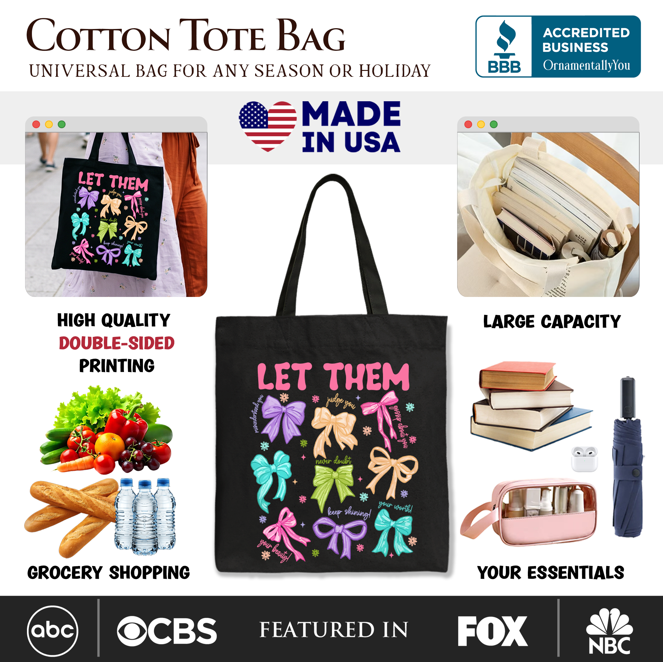 Let Them Coquette Bow Motivational Tote Bag, Inspirational Mental Health Gift Shopper