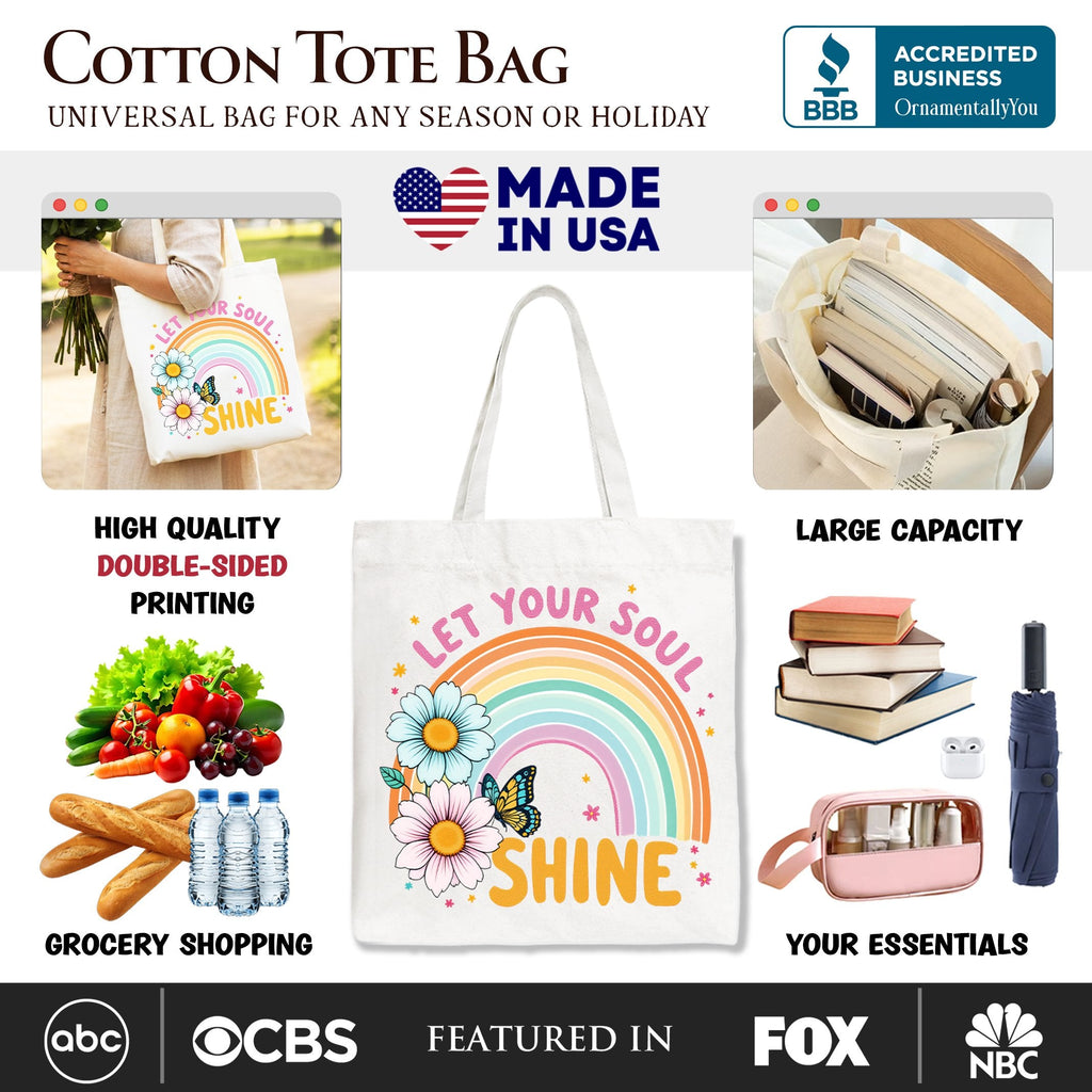 Let Your Soul Shine Rainbow Floral Cotton Tote Bag Retro Shopper