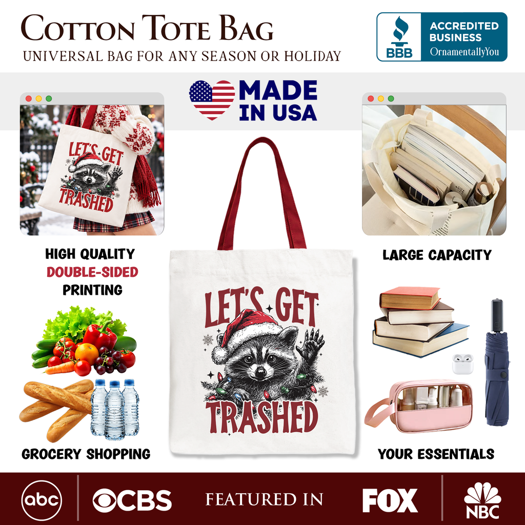 Let's Get Trashed Christmas Raccoon Tote Bag, Funny Gift Shopper Feral Women