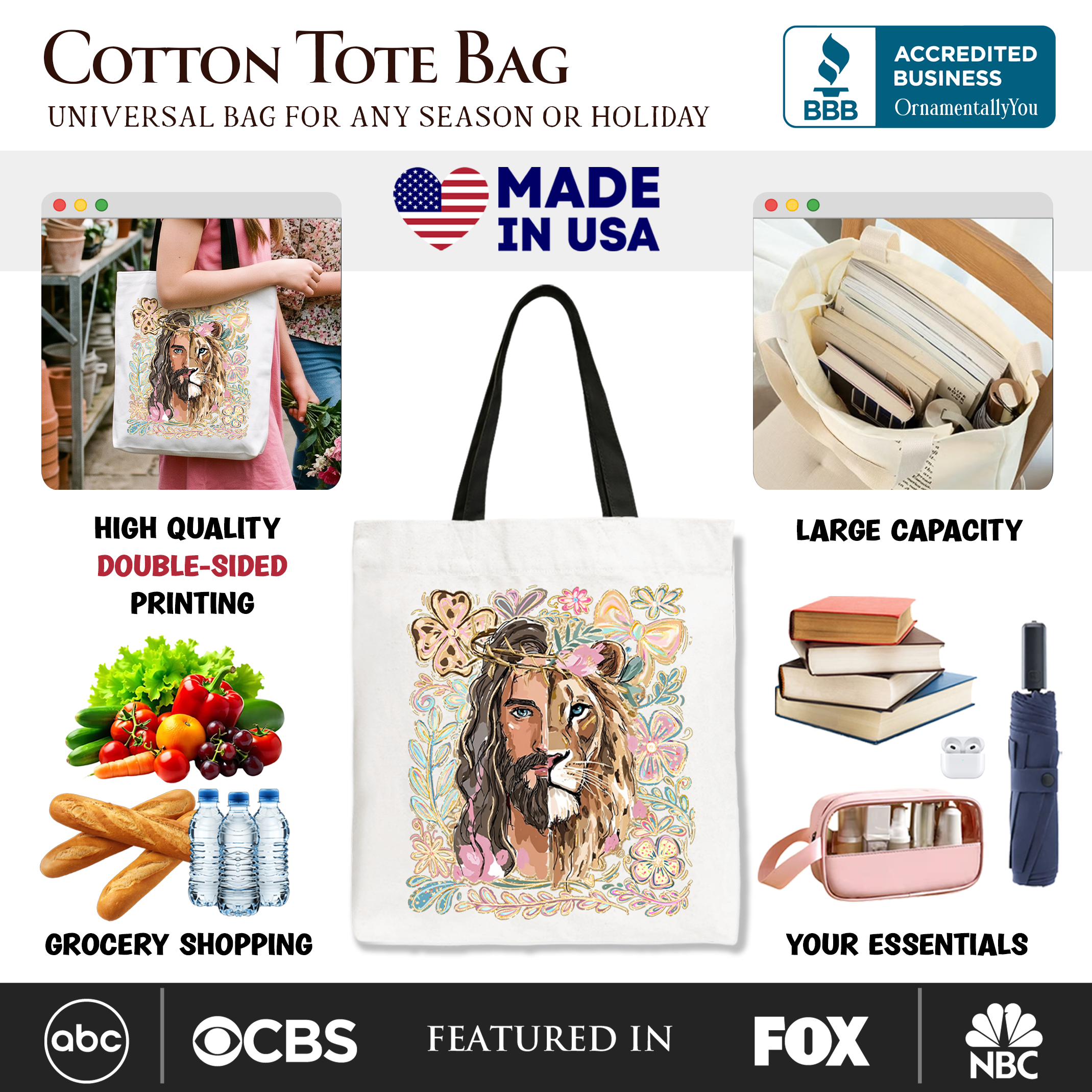 Lion of Judah Christian Tote Bag, Floral Jesus Religious Faith Gift Shopper