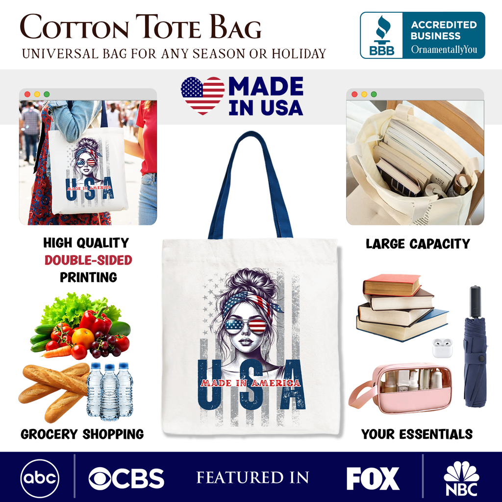 Messy Bun Patriotic Tote Bag Retro 4th of July White Shopper
