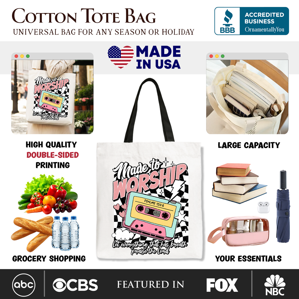 Made to Worship Christian Tote Bag, Psalm 150:6 Bible Verse Shopper