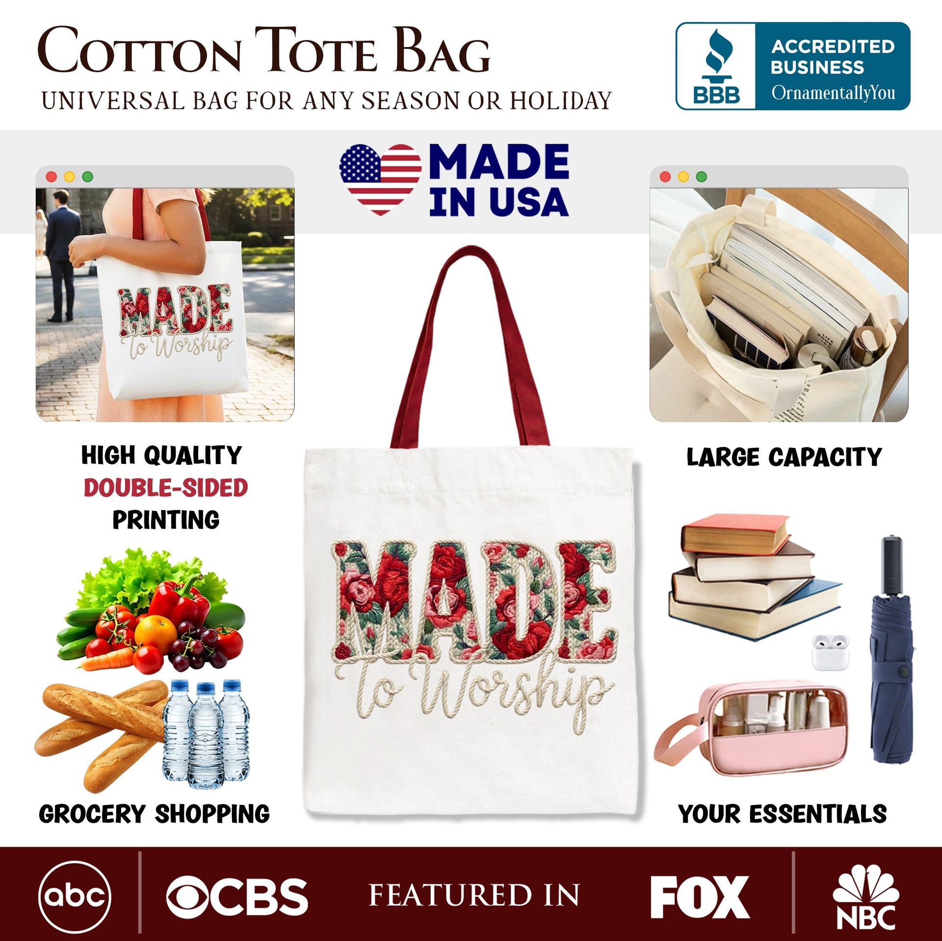 Made to Worship Floral Retro Faith Tote Bag, Cotton Gift Shopper