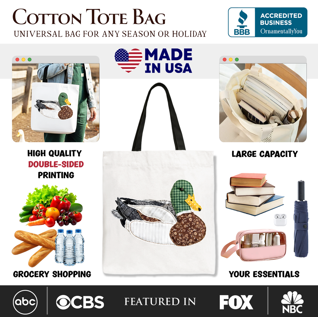 Mallard Duck Patchwork Cotton Tote Bag, Earth Tone Shopper