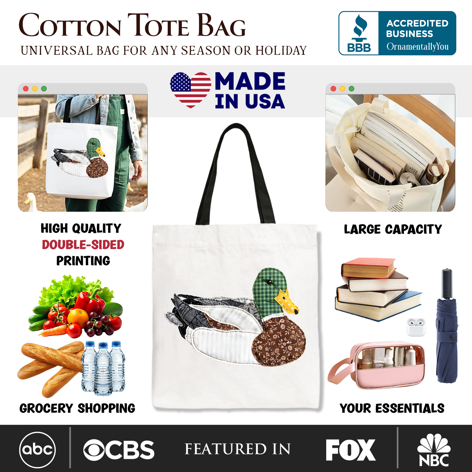Mallard Duck Patchwork Cotton Tote Bag, Earth Tone Shopper