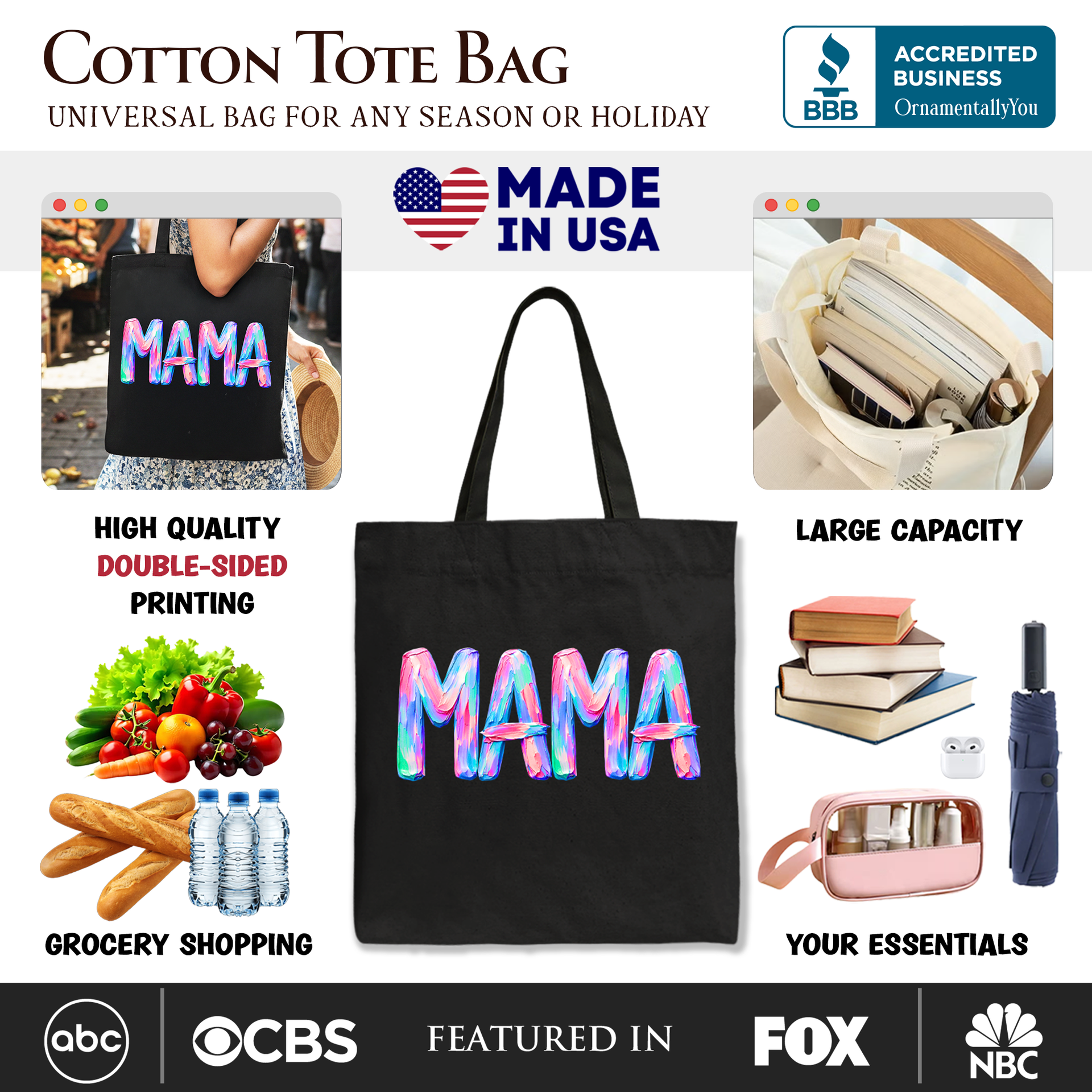 Mama Brushstroke Tote Bag Colorful Trendy Mom Cotton Shopper