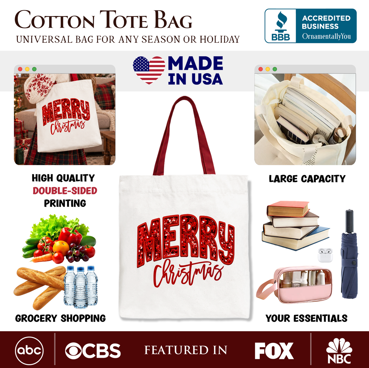 A promotional graphic for a cotton tote bag. The main product shown is a white tote bag with red handles and a red glittery 'MERRY Christmas' print on the front.