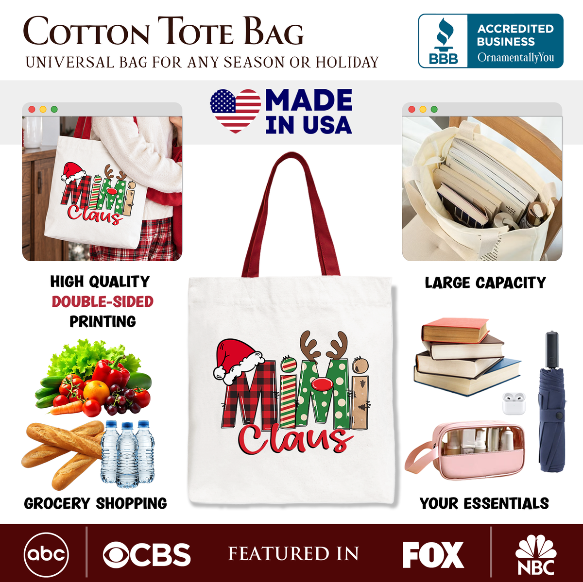 Mimi Claus Retro Christmas Tote Bag, Matching Family Holiday Gift Shopper