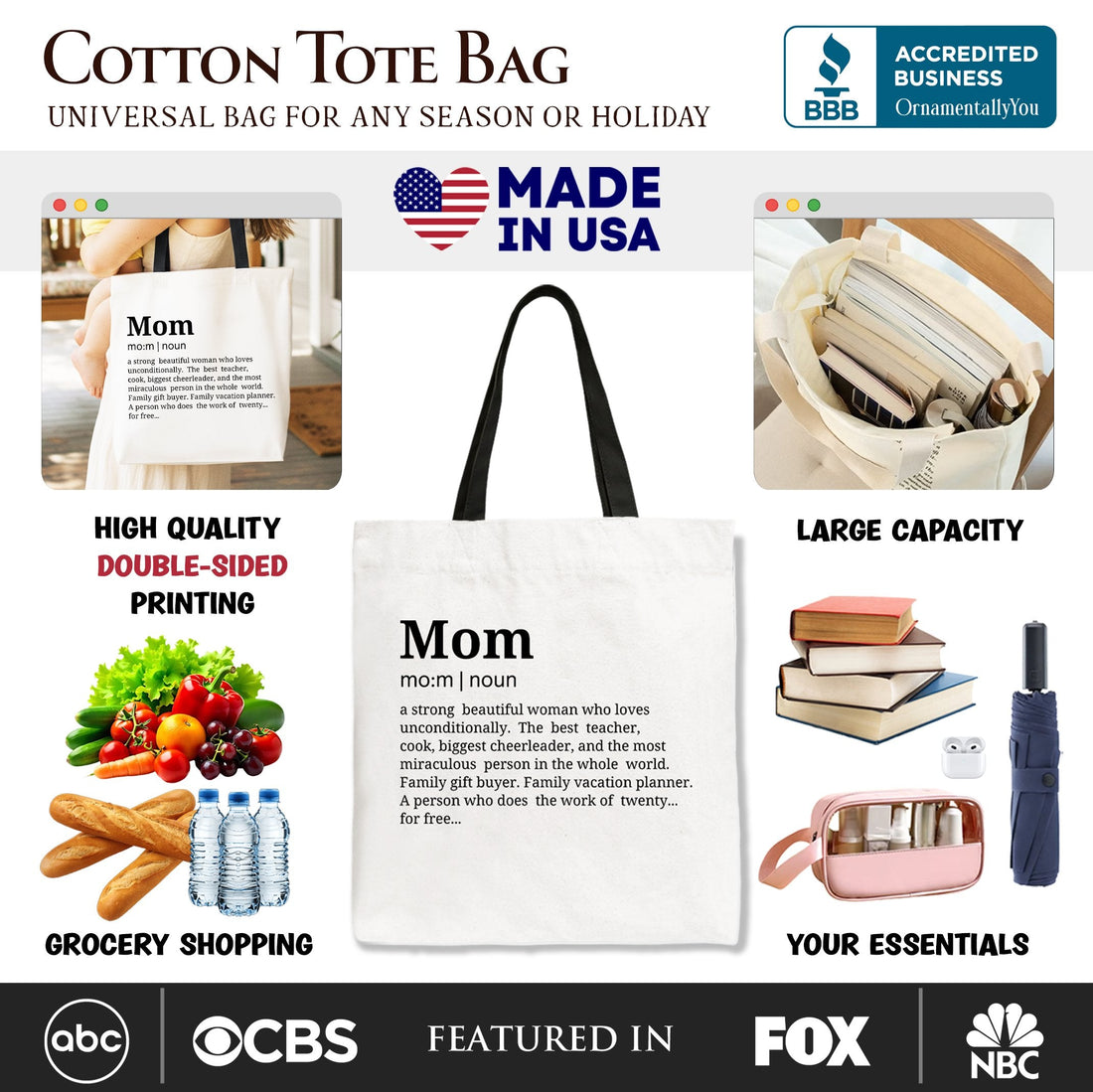 Mom Definition Canvas Tote Bag - Minimalist Cotton Shopper