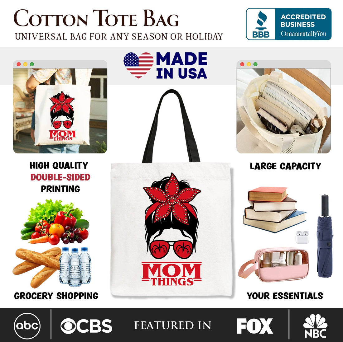 Mom Things Retro Canvas Tote Bag with Red Bandana and Glasses