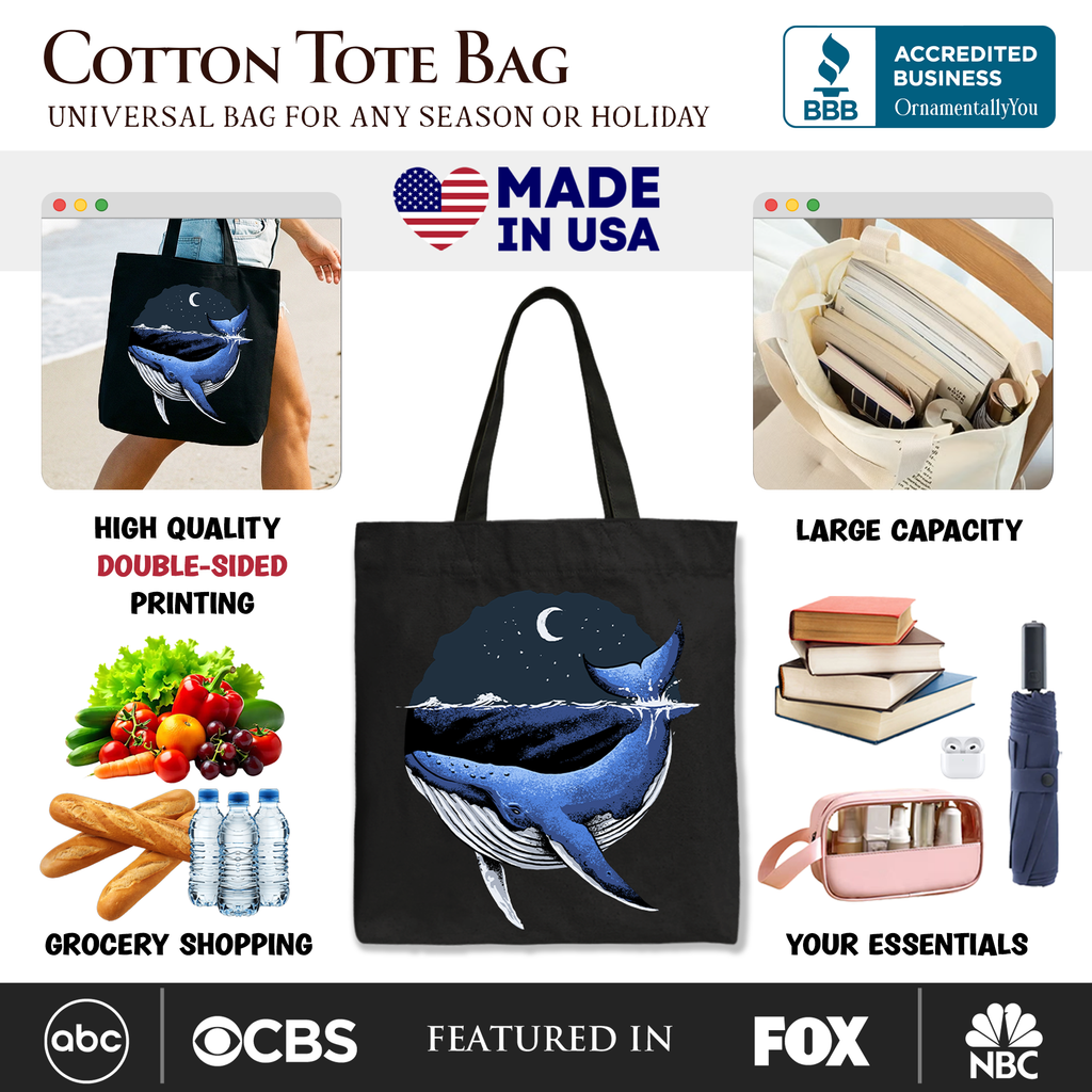 Moonlit Whale Vintage Tote Bag, Retro Night Ocean Graphic Shopper