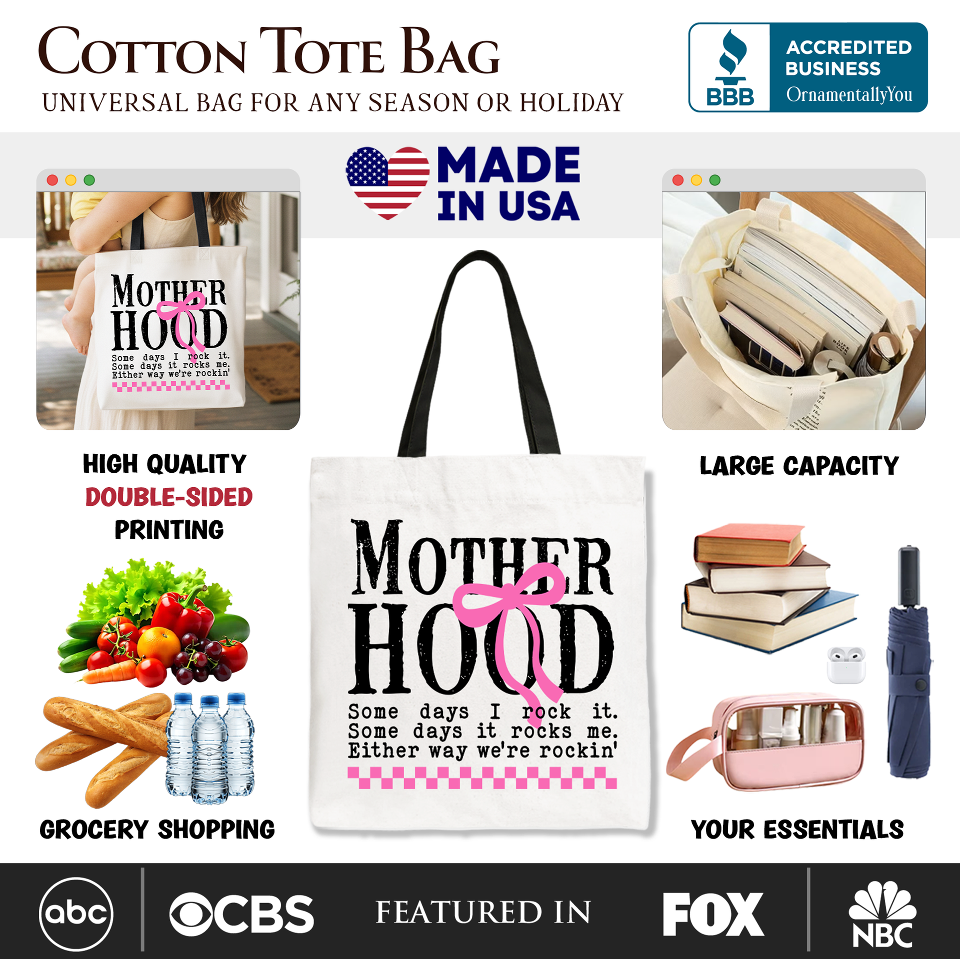 Motherhood Coquette Pink Bow Tote Bag Retro Checkered Shopper