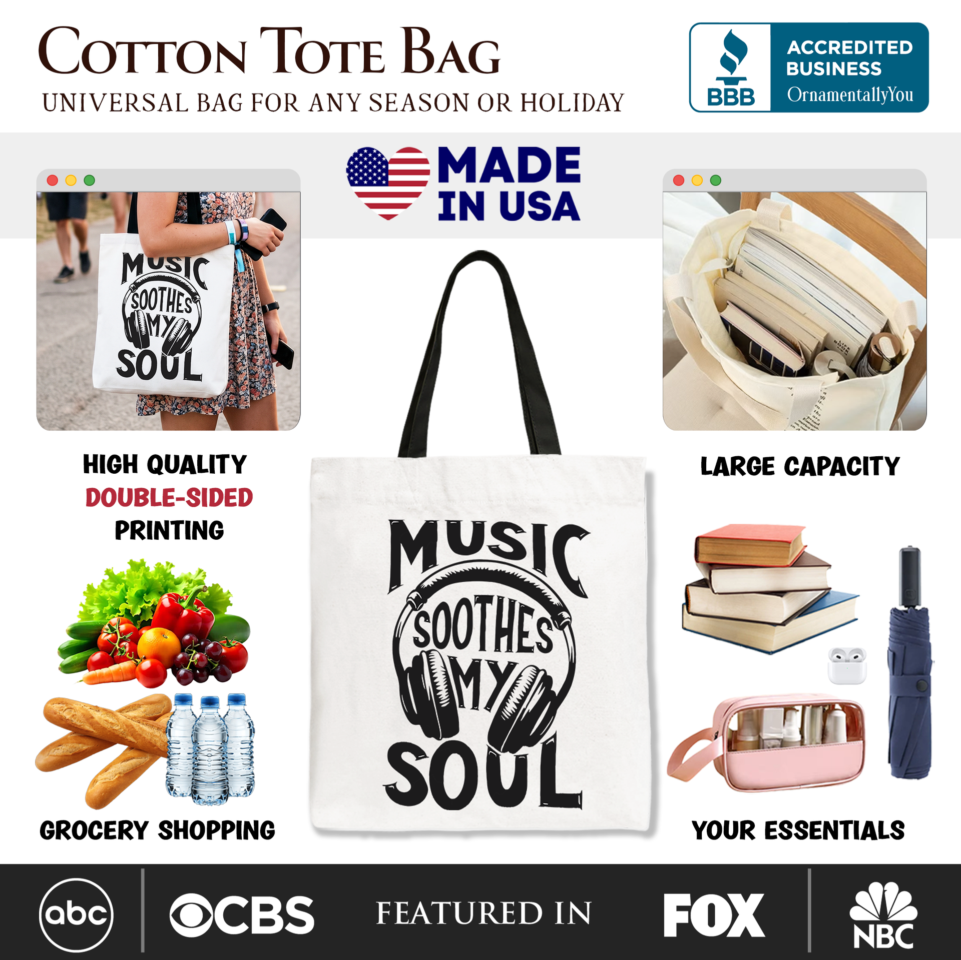 Music Soothes My Soul Canvas Tote Bag for Concerts and Festivals