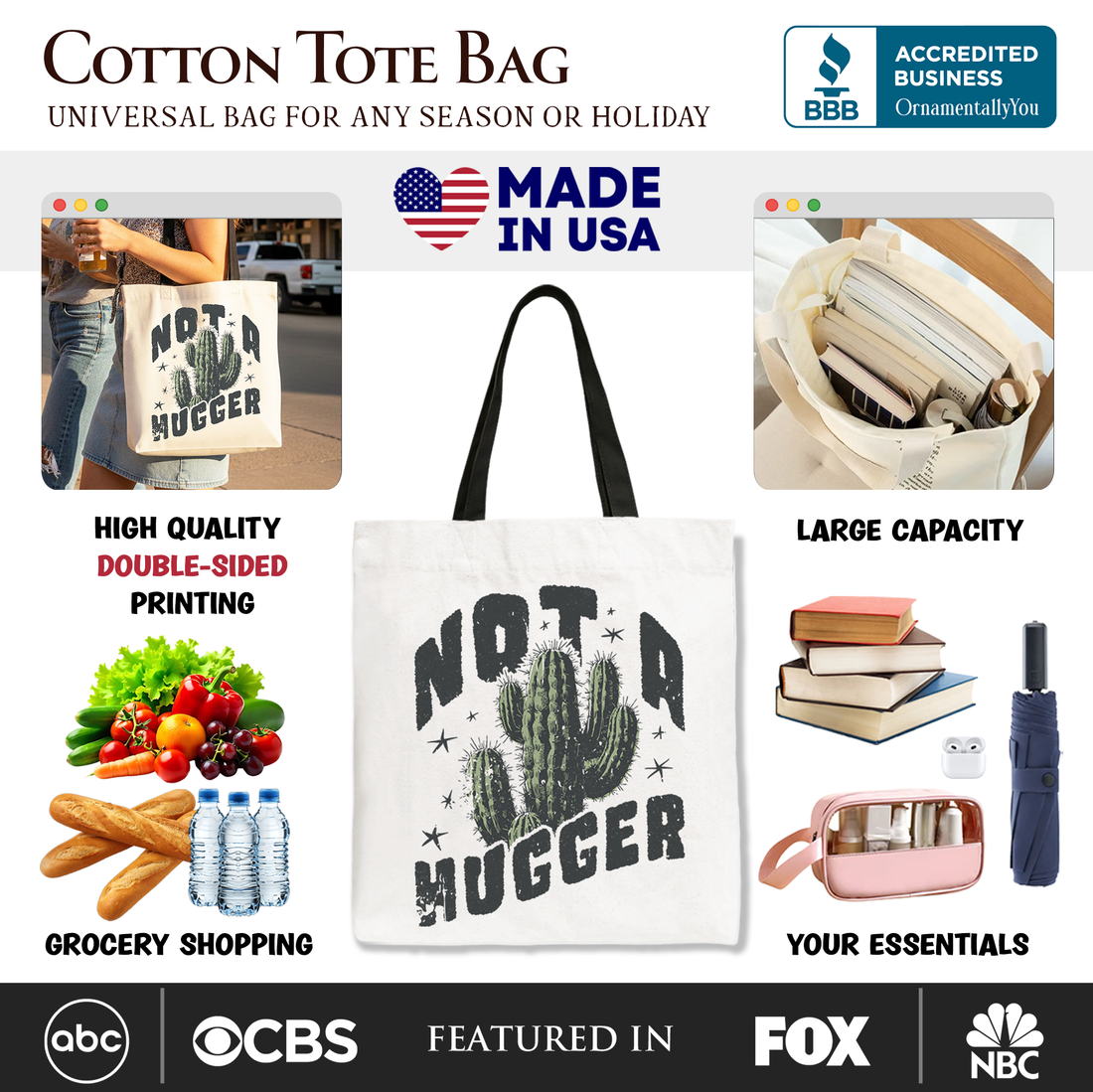 Not a Hugger Cactus Tote Bag - Funny Retro Sarcastic Gift Shopper