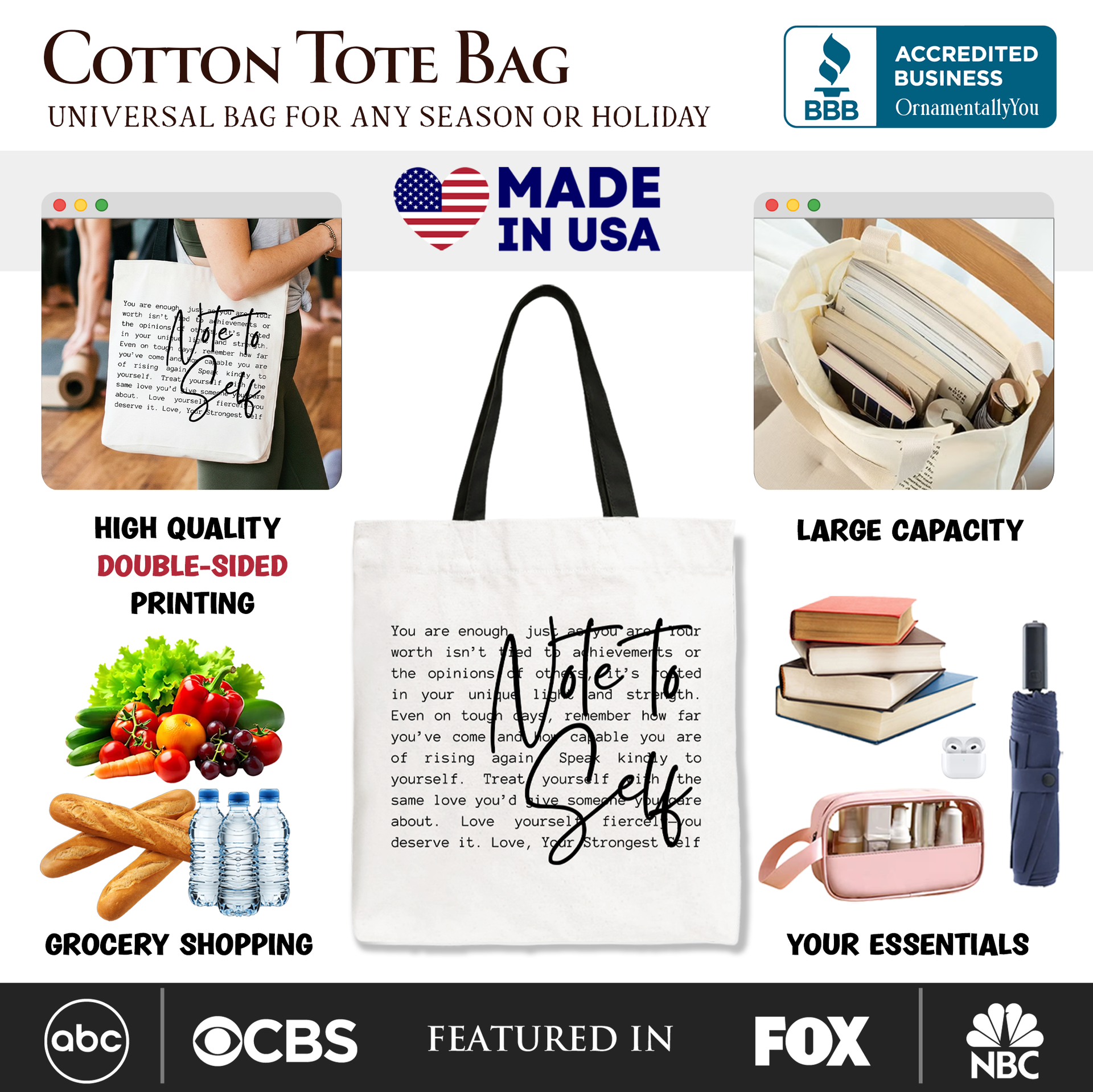 Note To Self Mental Health Tote Bag Motivational Canvas Shopper