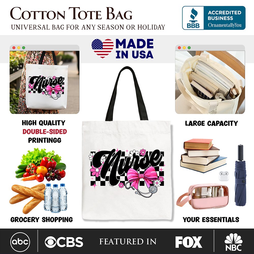 Floral Nurse Tote Bag with Pink Bow and Stethoscope Print