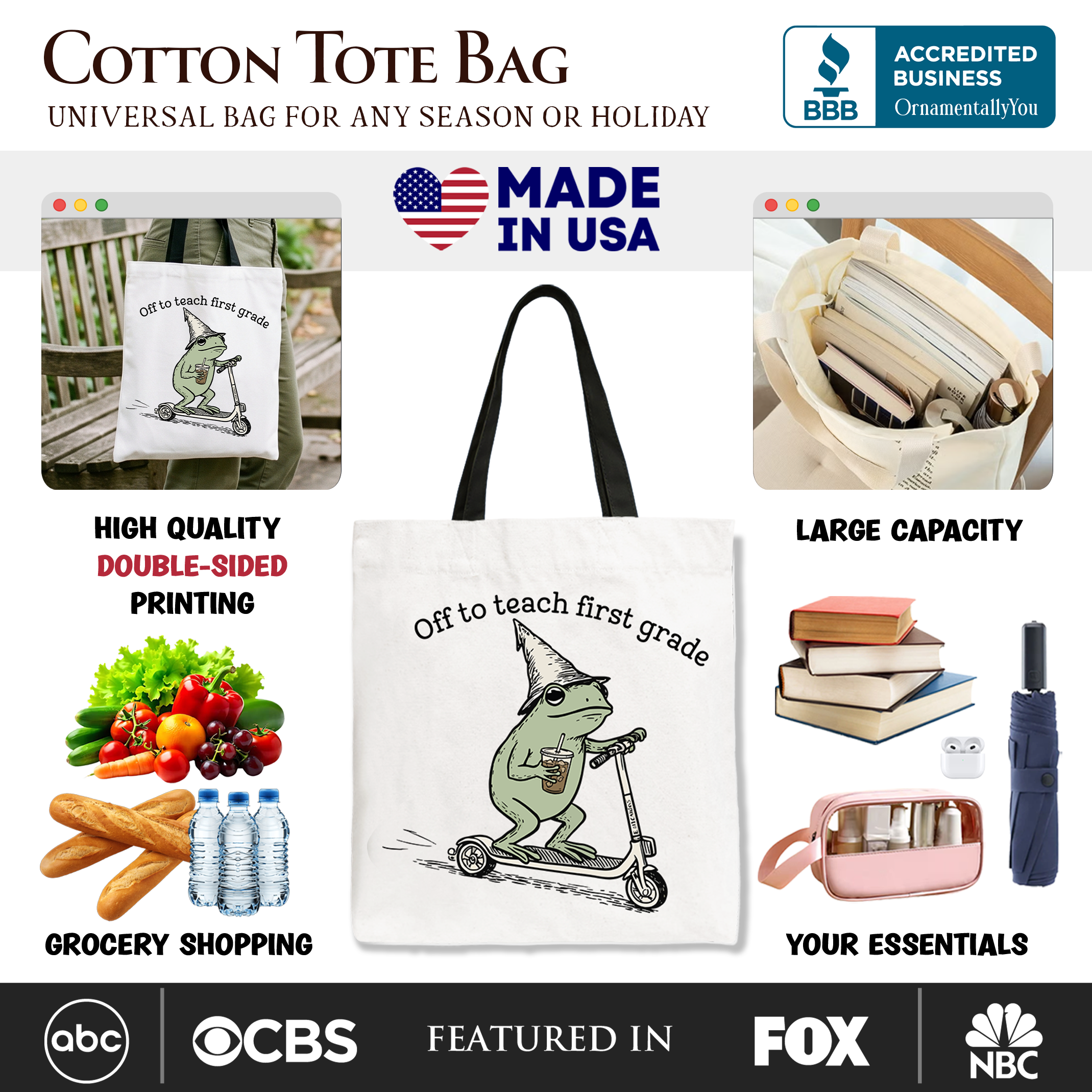 Off to Teach First Grade Frog Tote Bag, Funny Teachers Gift Shopper