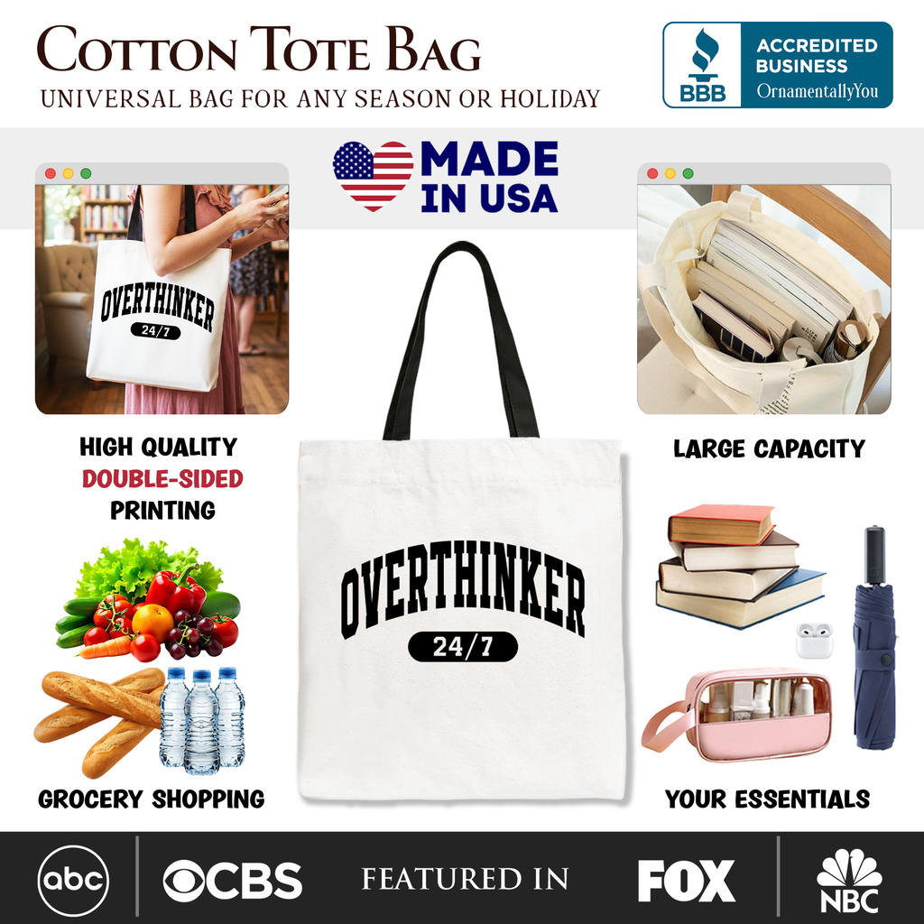 Over Thinker 24/7 Cotton Tote Bag - Minimalist Collegiate Shopper